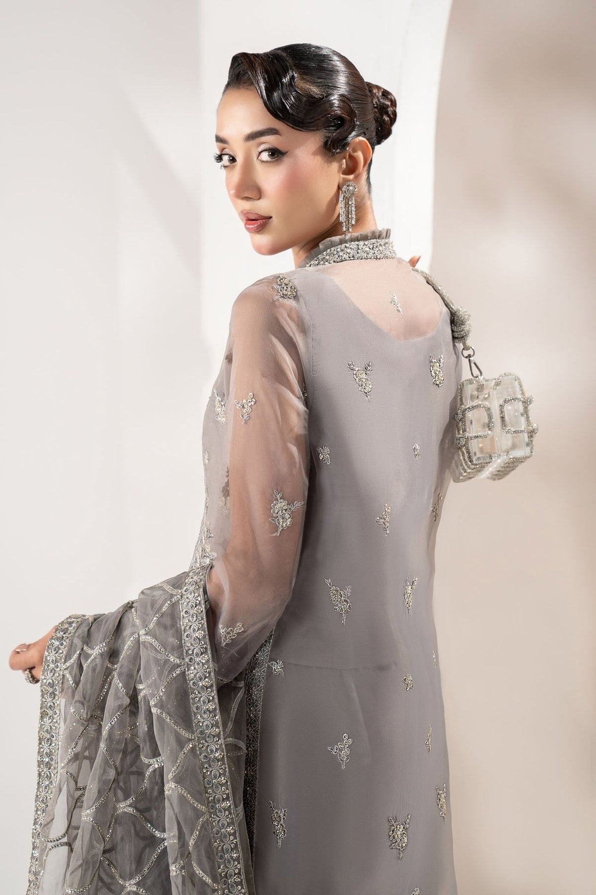Maria B | RTW | 3 Piece Embroidered Organza Suit-Brand:Maria B-Type:Luxury Formals-Grey - House of Maryam- Buy in UK, USA