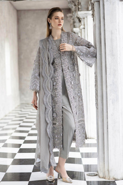 Maria B | RTW | 3 Piece Embroidered Organza Suit-Brand:Maria B-Type:Luxury Formals-Grey - House of Maryam- Buy in UK, USA