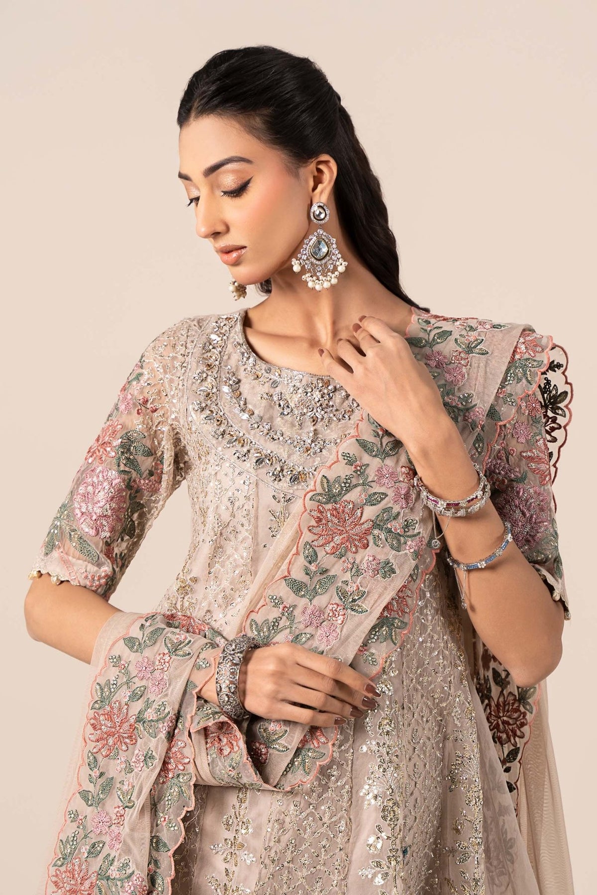 Maria B | RTW | 3 Piece Embroidered Organza Suit-Brand:Maria B-Type:Luxury Formals-Grey - House of Maryam- Buy in UK, USA