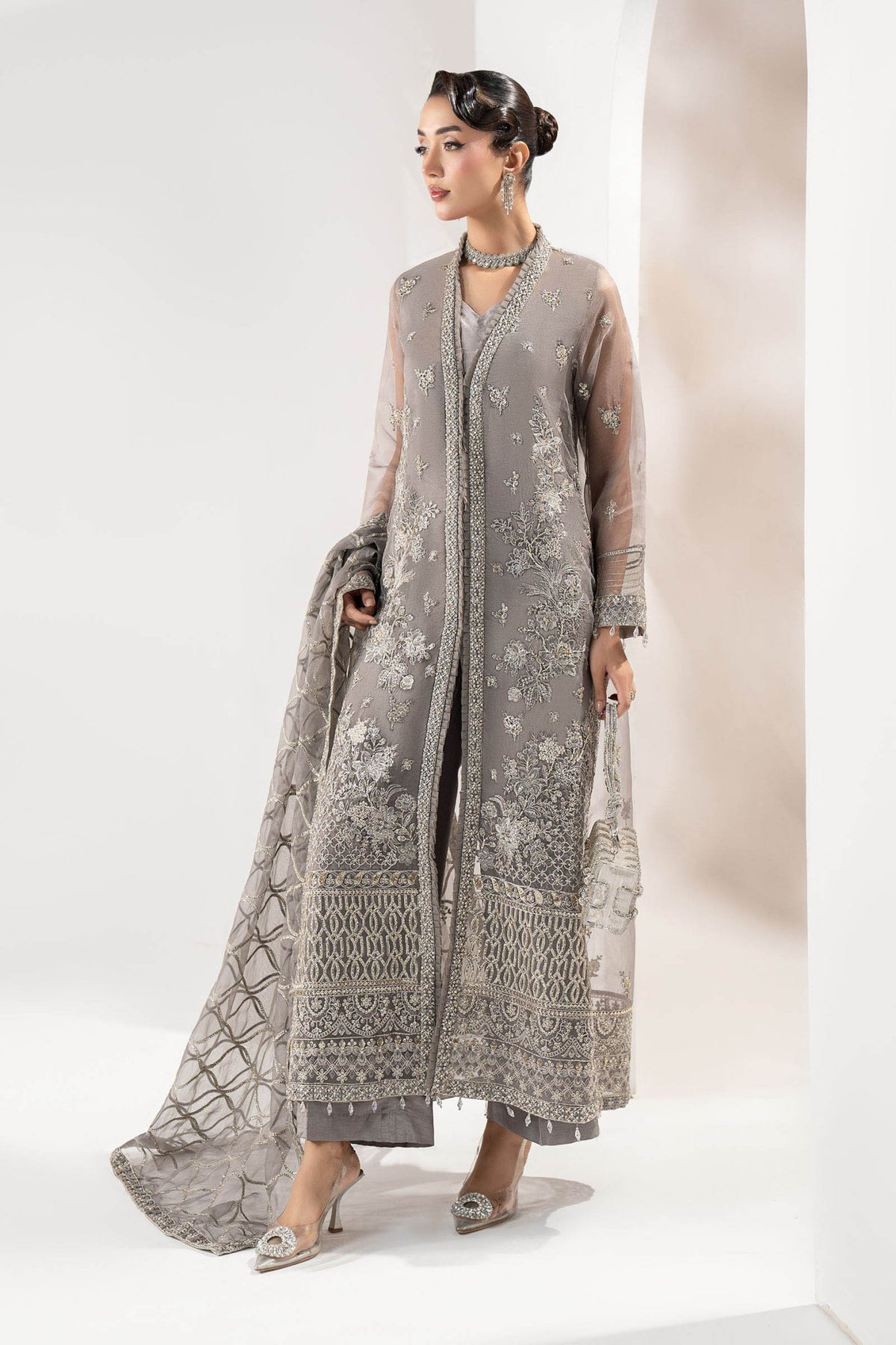 Maria B | RTW | 3 Piece Embroidered Organza Suit-Brand:Maria B-Type:Luxury Formals-Grey - House of Maryam- Buy in UK, USA