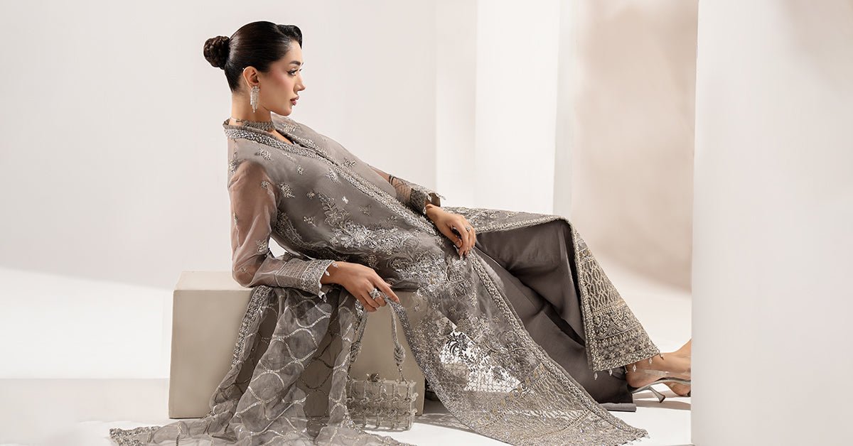 Maria B | RTW | 3 Piece Embroidered Organza Suit-Brand:Maria B-Type:Luxury Formals-Grey - House of Maryam- Buy in UK, USA