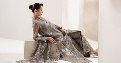 Maria B | RTW | 3 Piece Embroidered Organza Suit-Brand:Maria B-Type:Luxury Formals-Grey - House of Maryam- Buy in UK, USA