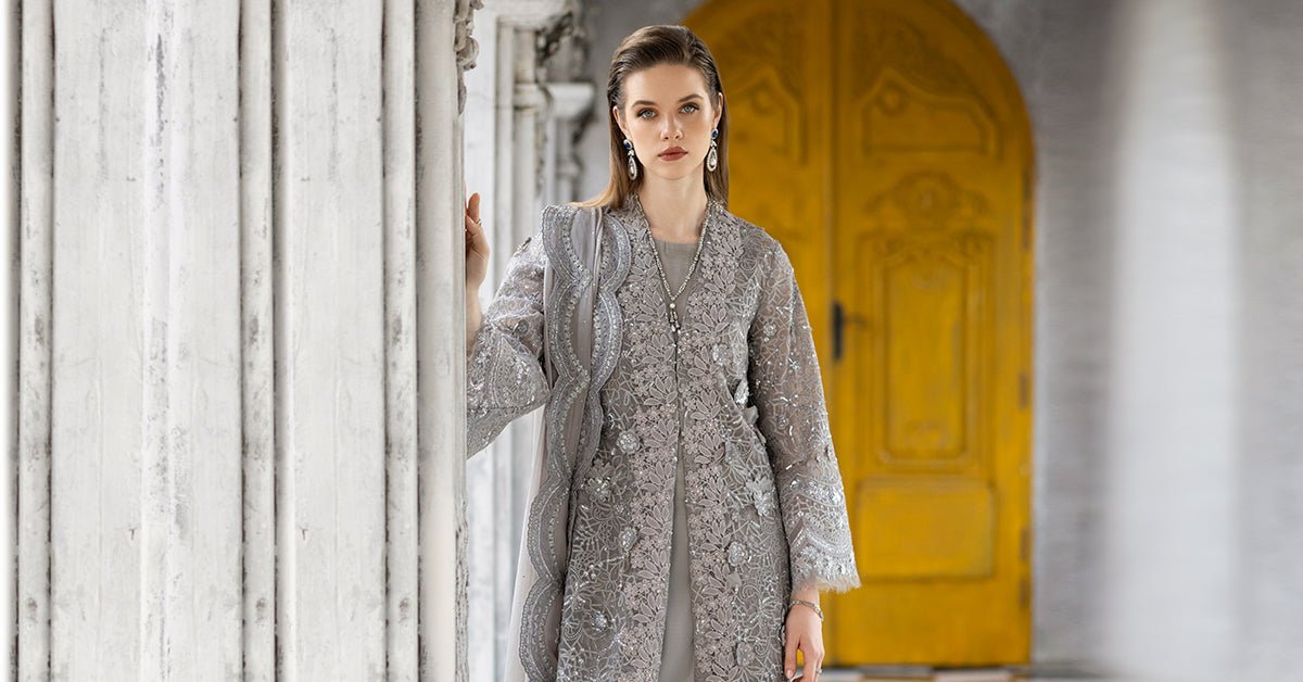 Maria B | RTW | 3 Piece Embroidered Organza Suit-Brand:Maria B-Type:Luxury Formals-Grey - House of Maryam- Buy in UK, USA
