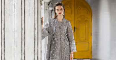 Maria B | RTW | 3 Piece Embroidered Organza Suit-Brand:Maria B-Type:Luxury Formals-Grey - House of Maryam- Buy in UK, USA