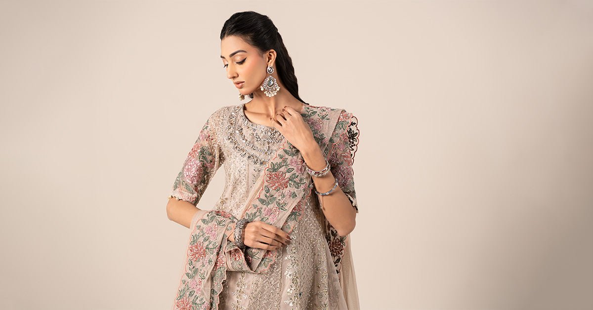 Maria B | RTW | 3 Piece Embroidered Organza Suit-Brand:Maria B-Type:Luxury Formals-Grey - House of Maryam- Buy in UK, USA