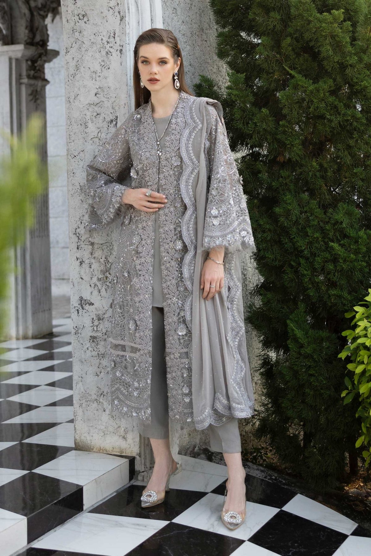 Maria B | RTW | 3 Piece Embroidered Organza Suit-Brand:Maria B-Type:Luxury Formals-Grey - House of Maryam- Buy in UK, USA