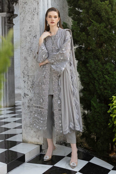 Maria B | RTW | 3 Piece Embroidered Organza Suit-Brand:Maria B-Type:Luxury Formals-Grey - House of Maryam- Buy in UK, USA