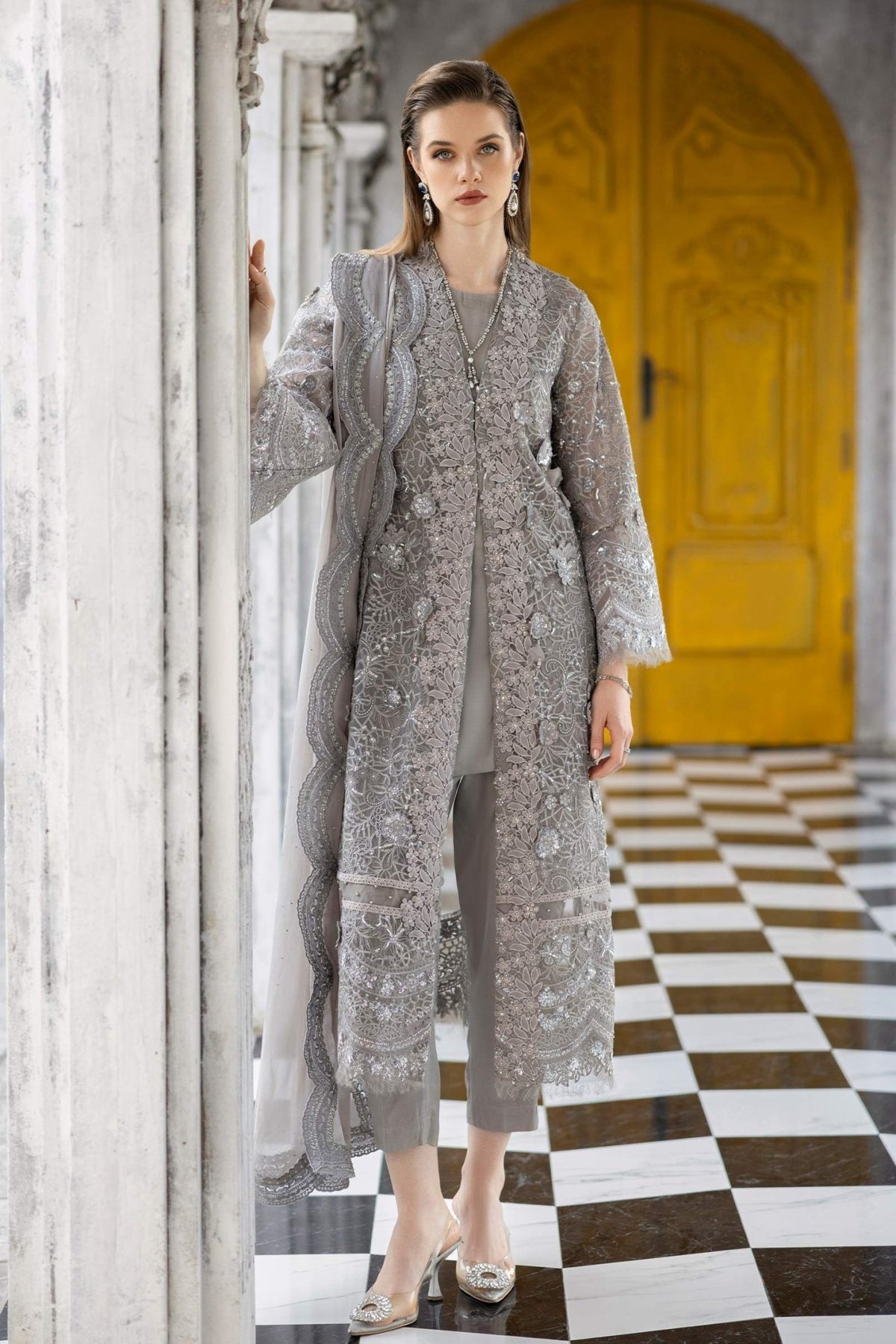 Maria B | RTW | 3 Piece Embroidered Organza Suit-Brand:Maria B-Type:Luxury Formals-Grey - House of Maryam- Buy in UK, USA