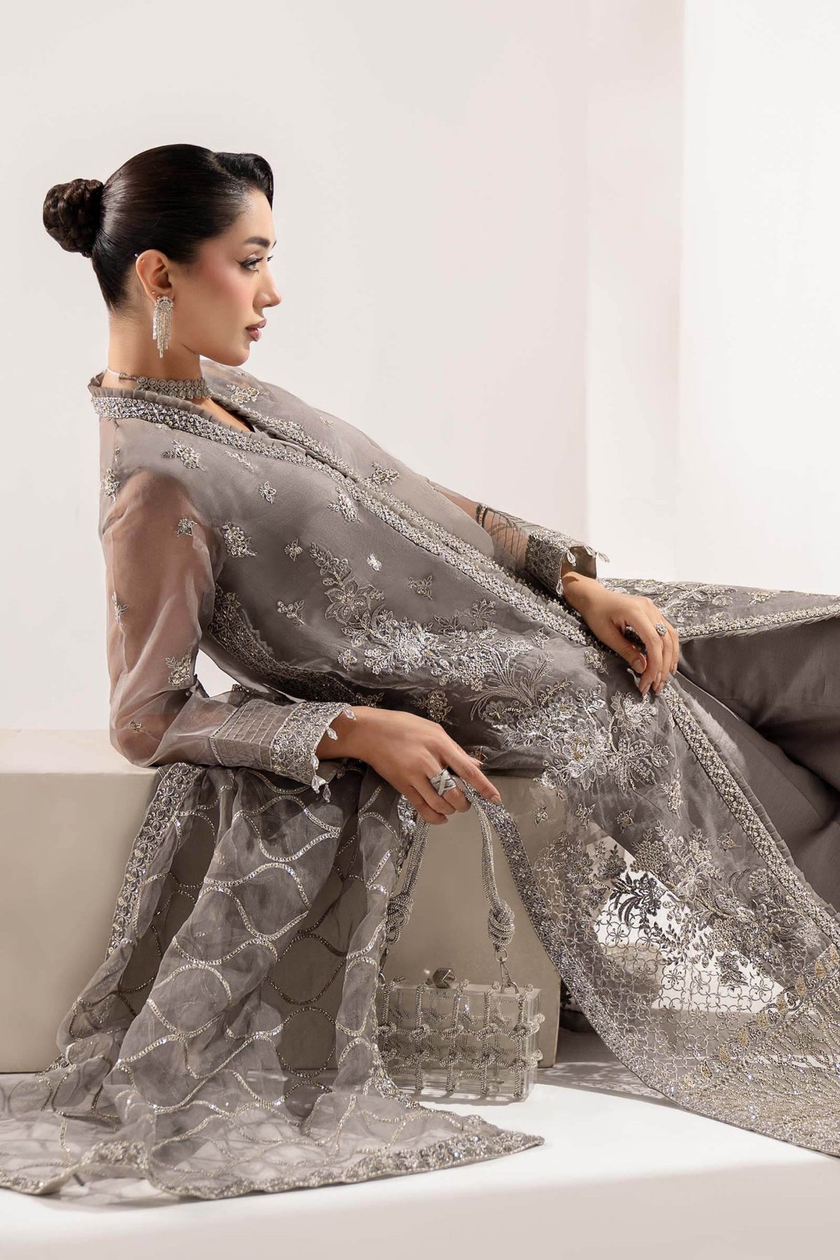 Maria B | RTW | 3 Piece Embroidered Organza Suit-Brand:Maria B-Type:Luxury Formals-Grey - House of Maryam- Buy in UK, USA