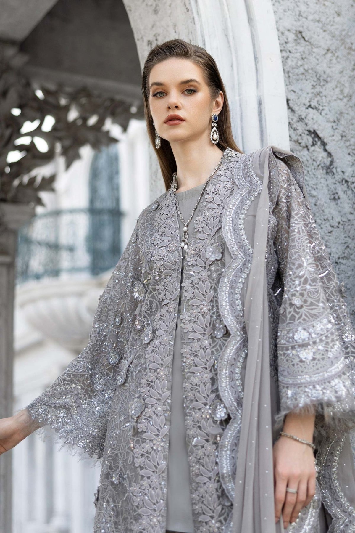 Maria B | RTW | 3 Piece Embroidered Organza Suit-Brand:Maria B-Type:Luxury Formals-Grey - House of Maryam- Buy in UK, USA