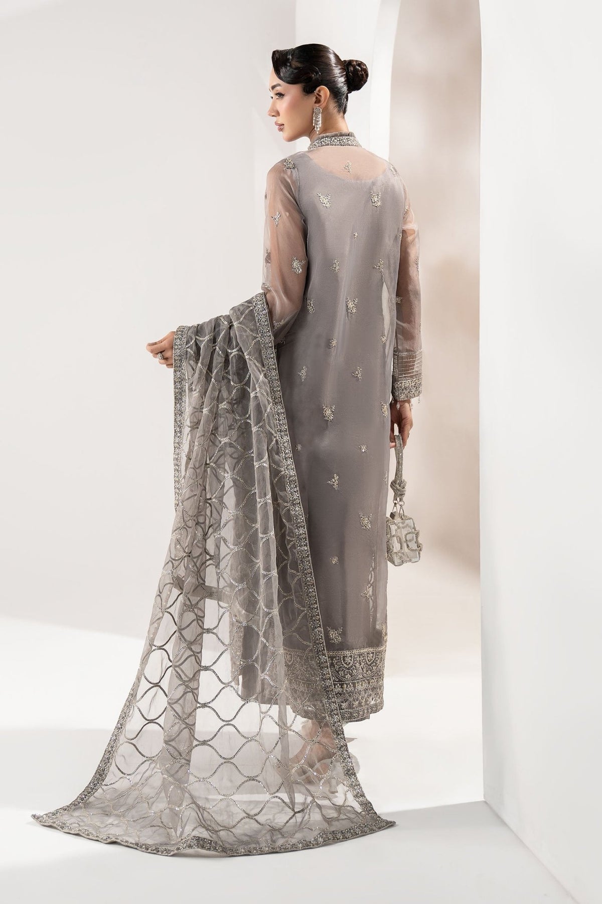 Maria B | RTW | 3 Piece Embroidered Organza Suit-Brand:Maria B-Type:Luxury Formals-Grey - House of Maryam- Buy in UK, USA