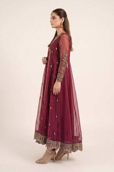 Maria B | RTW | 3 Piece Embroidered Organza Suit-Brand:Maria B-Type:Luxury Formals-Maroon - House of Maryam- Buy in UK, USA