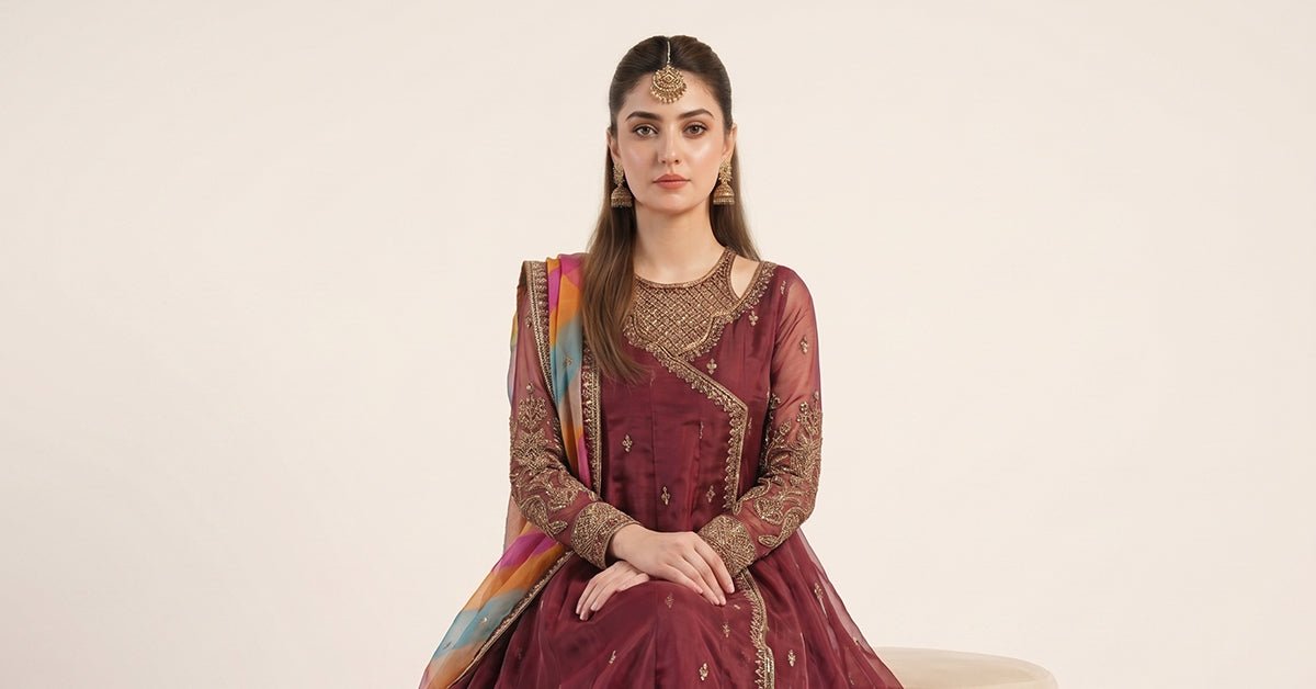 Maria B | RTW | 3 Piece Embroidered Organza Suit-Brand:Maria B-Type:Luxury Formals-Maroon - House of Maryam- Buy in UK, USA