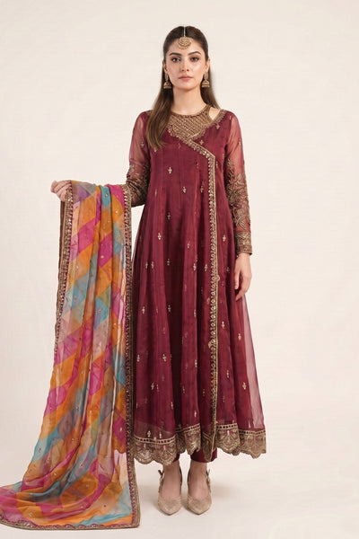 Maria B | RTW | 3 Piece Embroidered Organza Suit-Brand:Maria B-Type:Luxury Formals-Maroon - House of Maryam- Buy in UK, USA