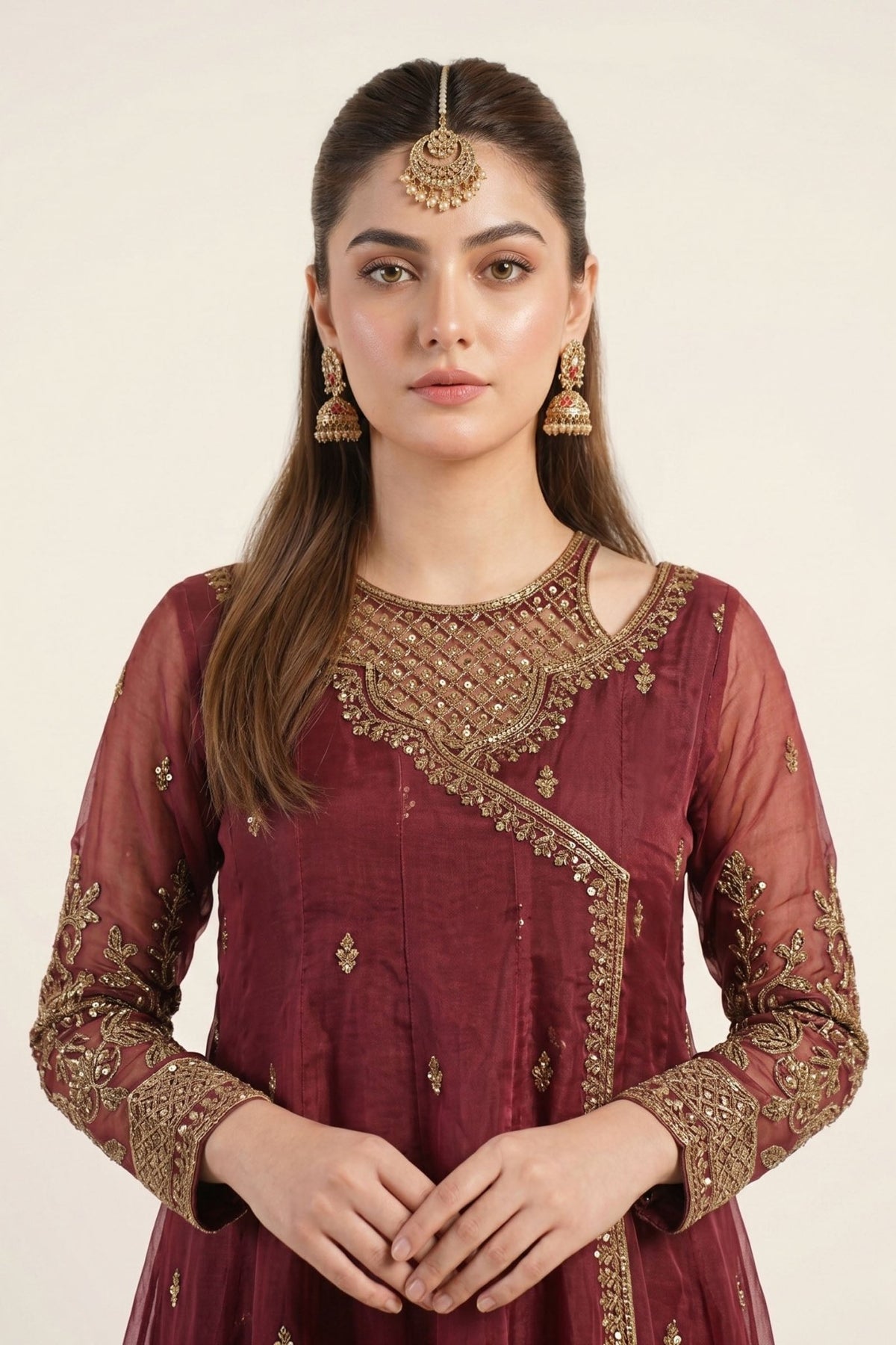 Maria B | RTW | 3 Piece Embroidered Organza Suit-Brand:Maria B-Type:Luxury Formals-Maroon - House of Maryam- Buy in UK, USA
