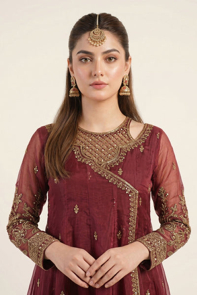 Maria B | RTW | 3 Piece Embroidered Organza Suit-Brand:Maria B-Type:Luxury Formals-Maroon - House of Maryam- Buy in UK, USA