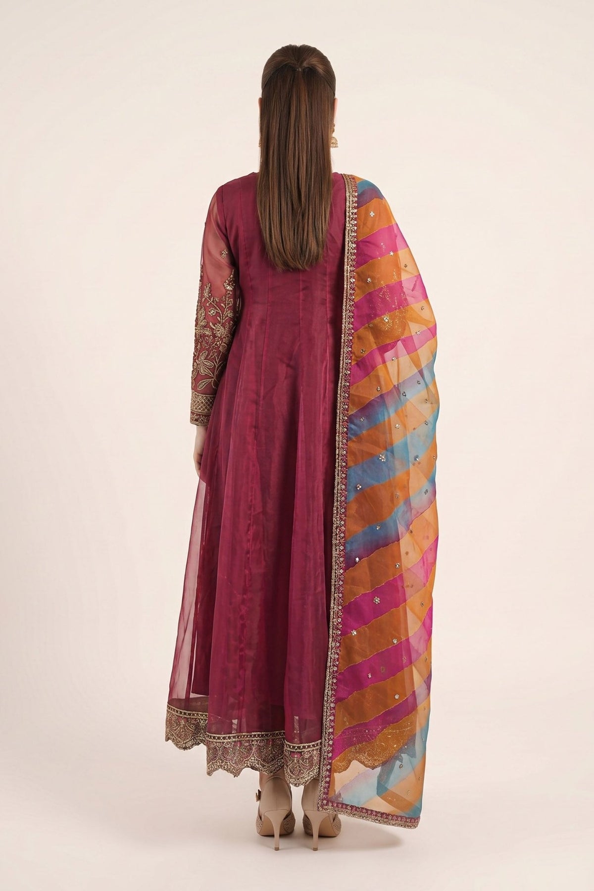 Maria B | RTW | 3 Piece Embroidered Organza Suit-Brand:Maria B-Type:Luxury Formals-Maroon - House of Maryam- Buy in UK, USA