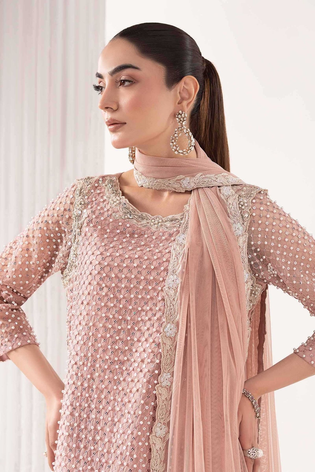 Maria B | RTW | 3 Piece Embroidered Organza Suit-Brand:Maria B-Type:Luxury Formals-Pink - House of Maryam- Buy in UK, USA
