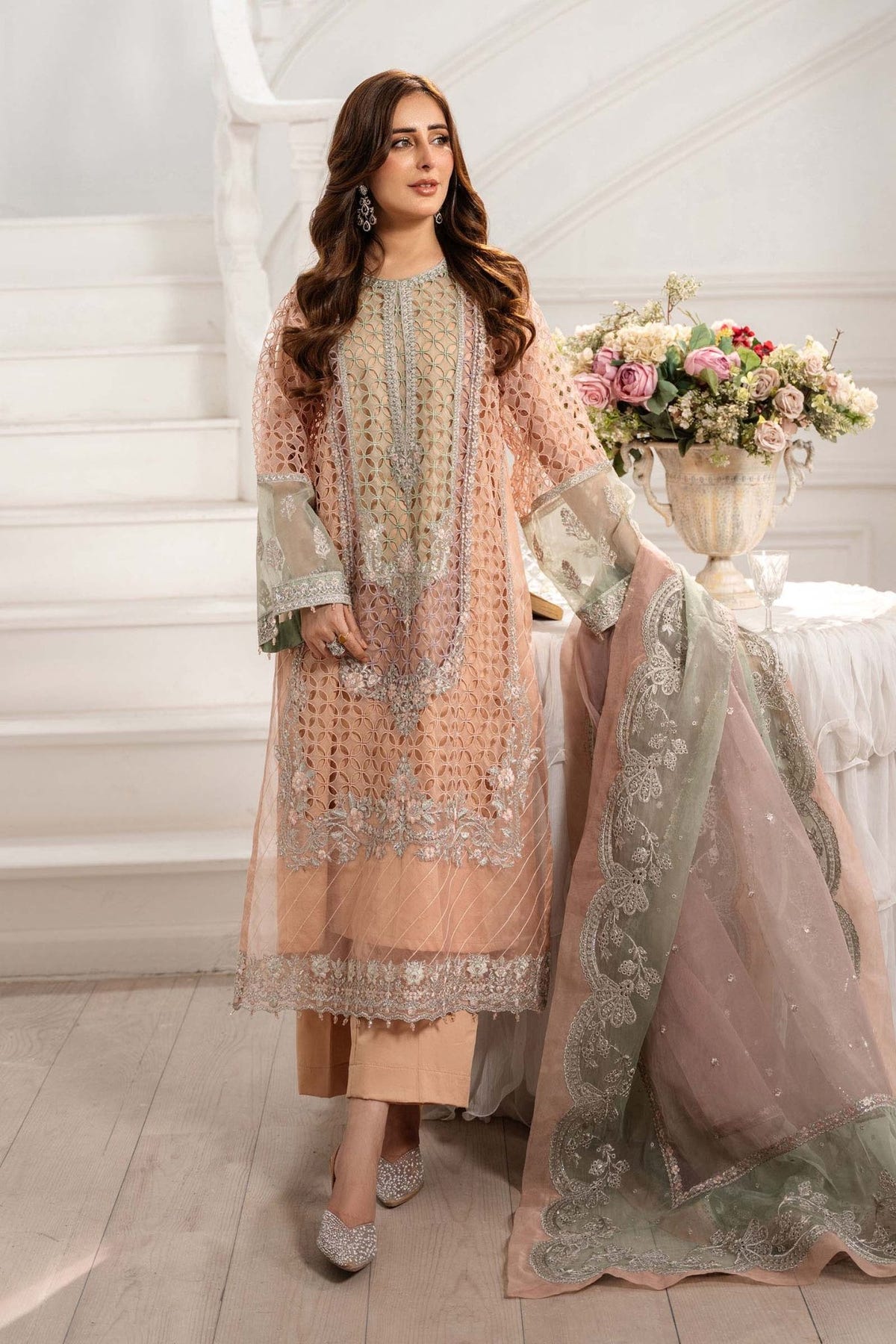 Maria B | RTW | 3 Piece Embroidered Organza Suit-Brand:Maria B-Type:Luxury Formals-Pink - House of Maryam- Buy in UK, USA