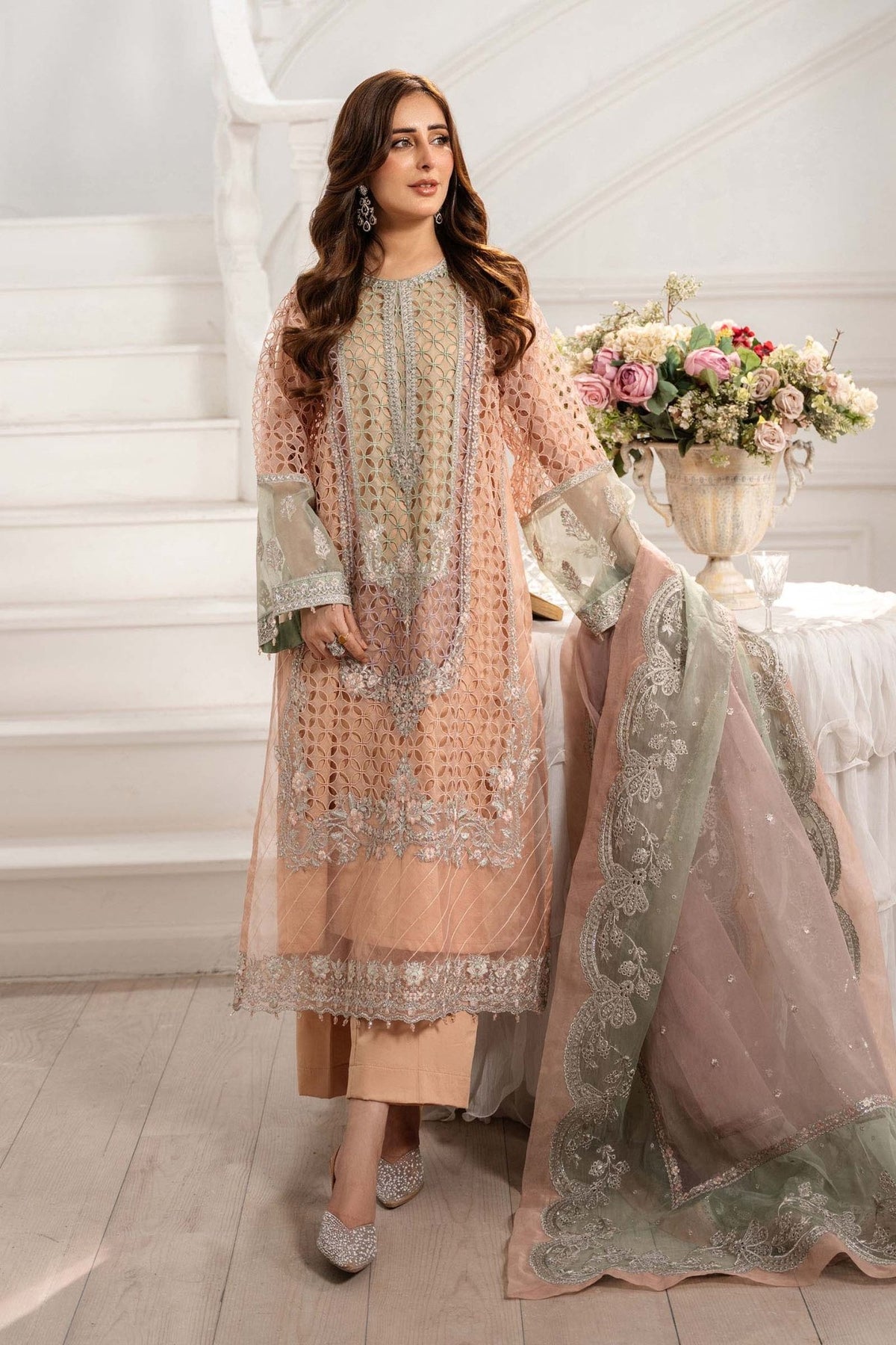 Maria B | RTW | 3 Piece Embroidered Organza Suit-Brand:Maria B-Type:Luxury Formals-Pink - House of Maryam- Buy in UK, USA