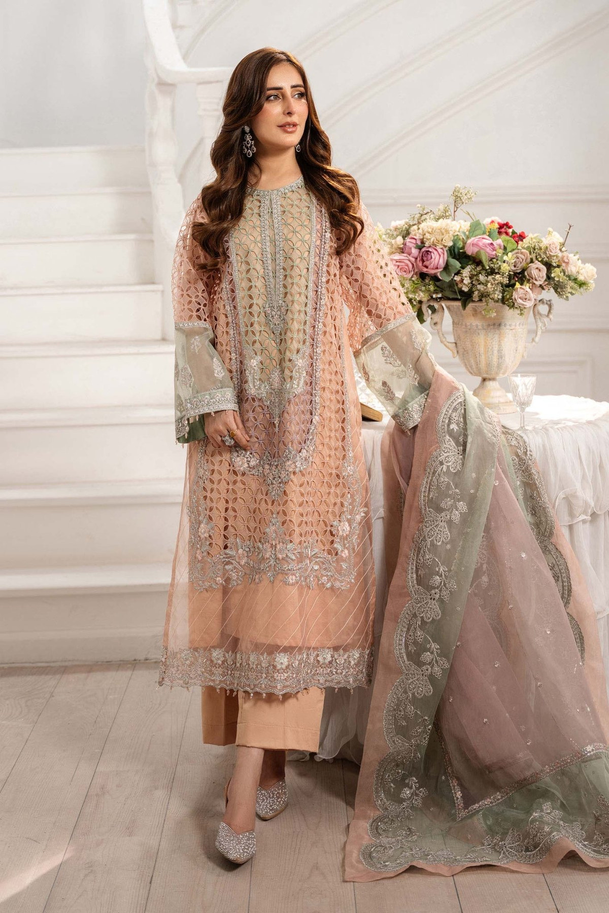 Maria B | RTW | 3 Piece Embroidered Organza Suit-Brand:Maria B-Type:Luxury Formals-Pink - House of Maryam- Buy in UK, USA