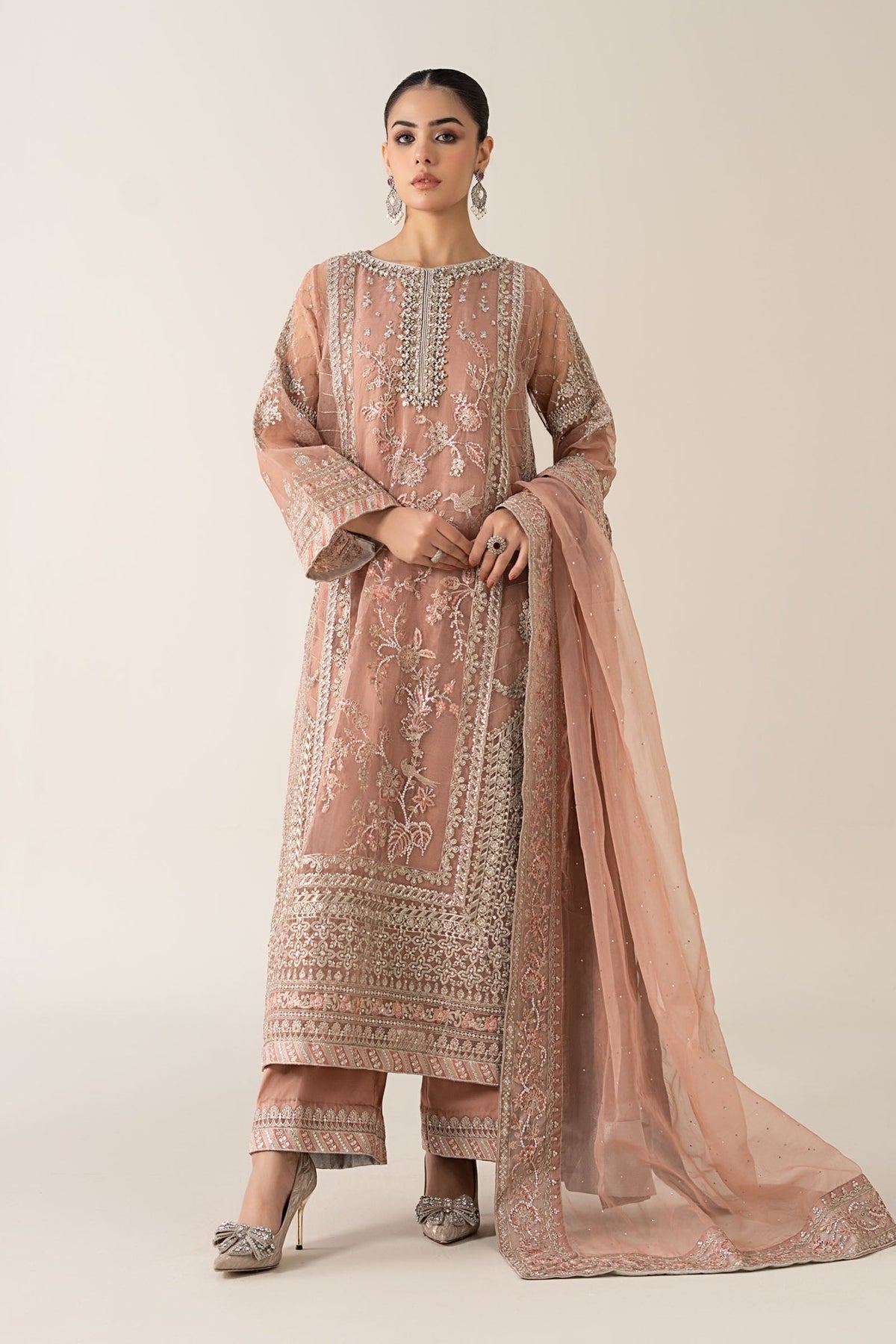 Maria B | RTW | 3 Piece Embroidered Organza Suit-Brand:Maria B-Type:Luxury Formals-Pink - House of Maryam- Buy in UK, USA