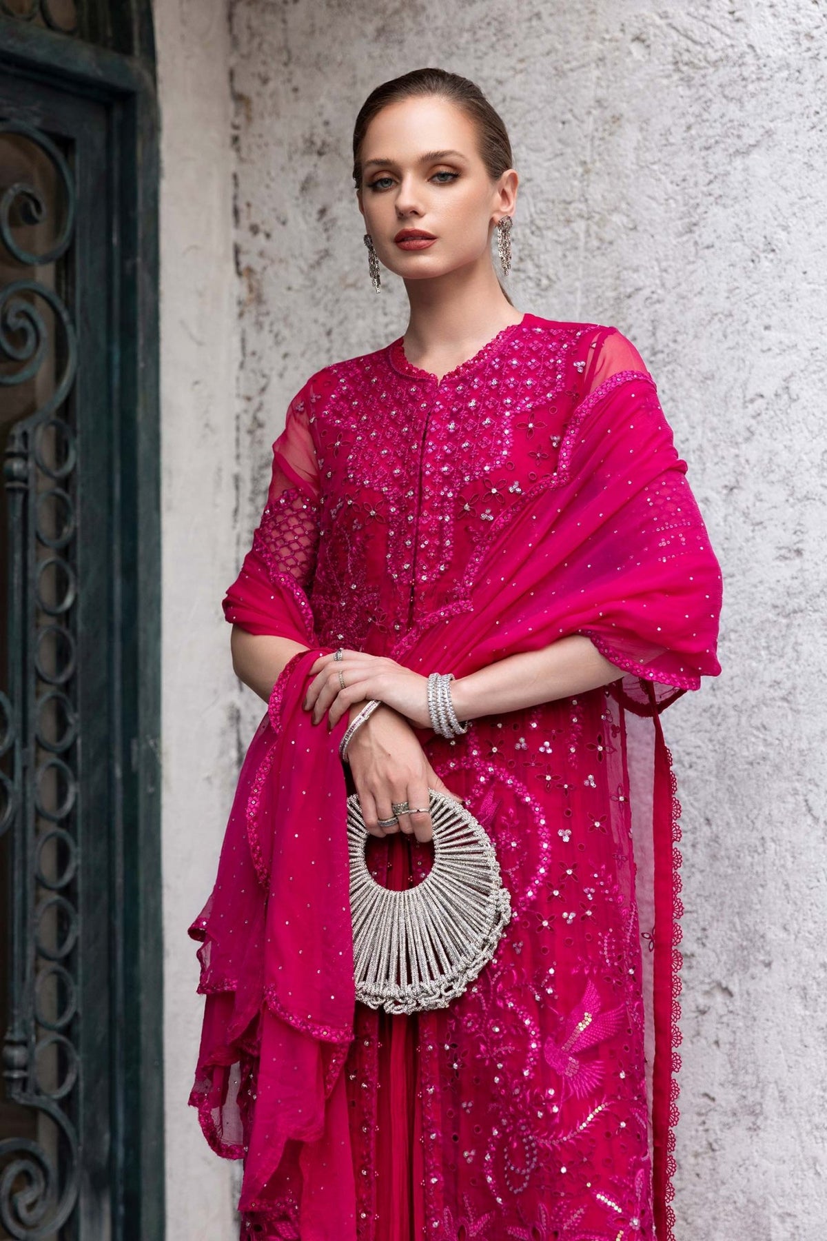 Maria B | RTW | 3 Piece Embroidered Organza Suit-Brand:Maria B-Type:Luxury Formals-Pink - House of Maryam- Buy in UK, USA