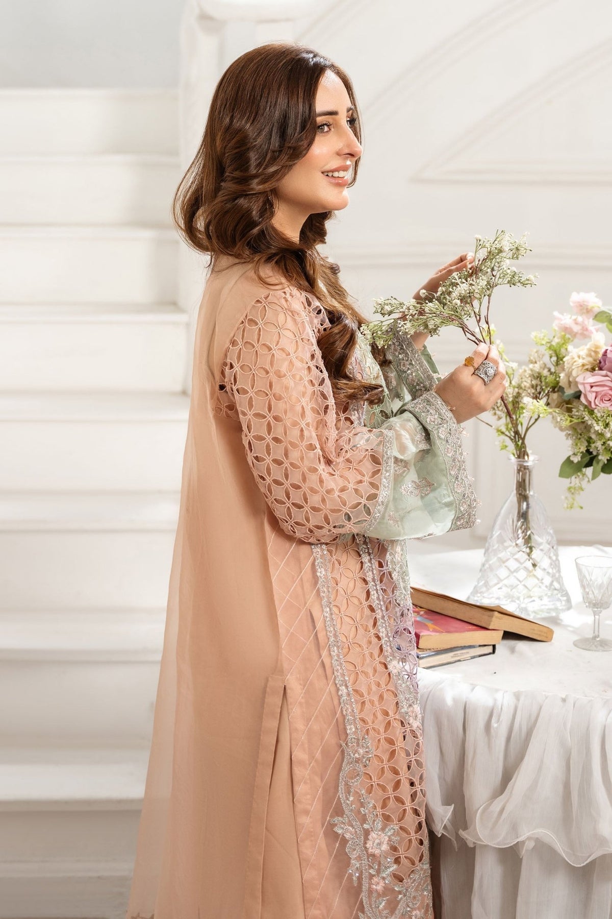 Maria B | RTW | 3 Piece Embroidered Organza Suit-Brand:Maria B-Type:Luxury Formals-Pink - House of Maryam- Buy in UK, USA