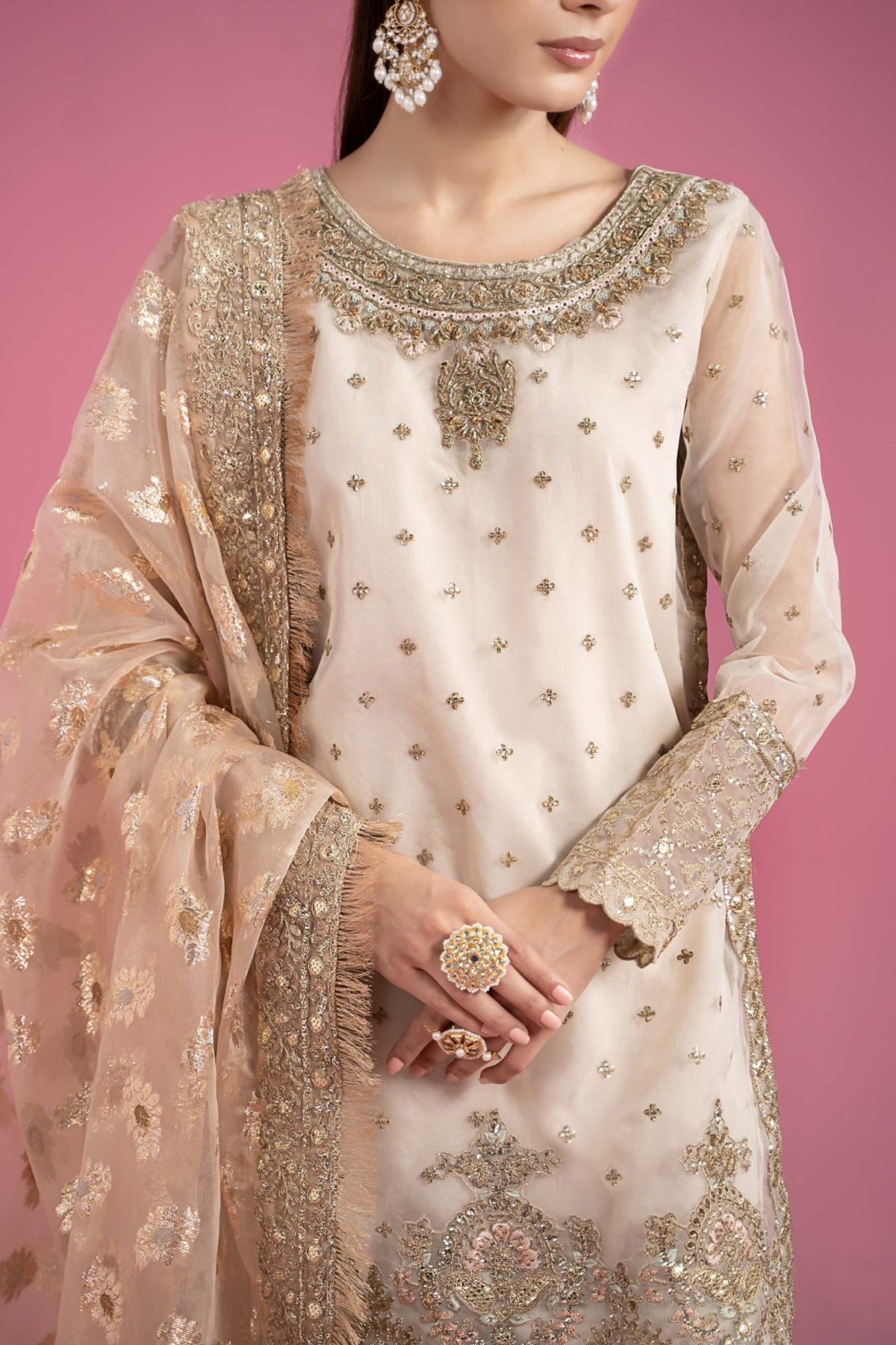 Maria B | RTW | 3 Piece Embroidered Organza Suit-Brand:Maria B-Type:Luxury Formals-White - House of Maryam- Buy in UK, USA