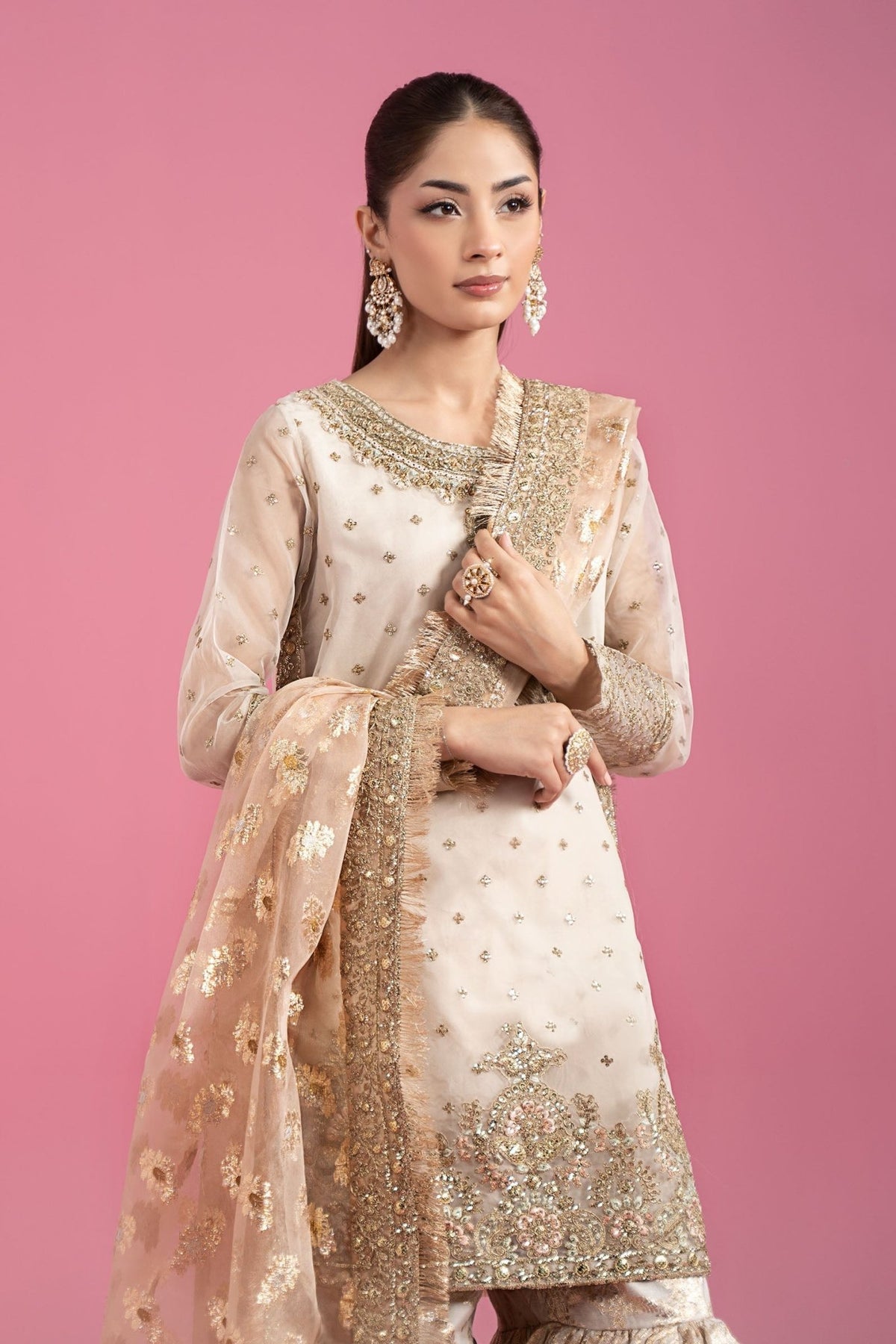Maria B | RTW | 3 Piece Embroidered Organza Suit-Brand:Maria B-Type:Luxury Formals-White - House of Maryam- Buy in UK, USA