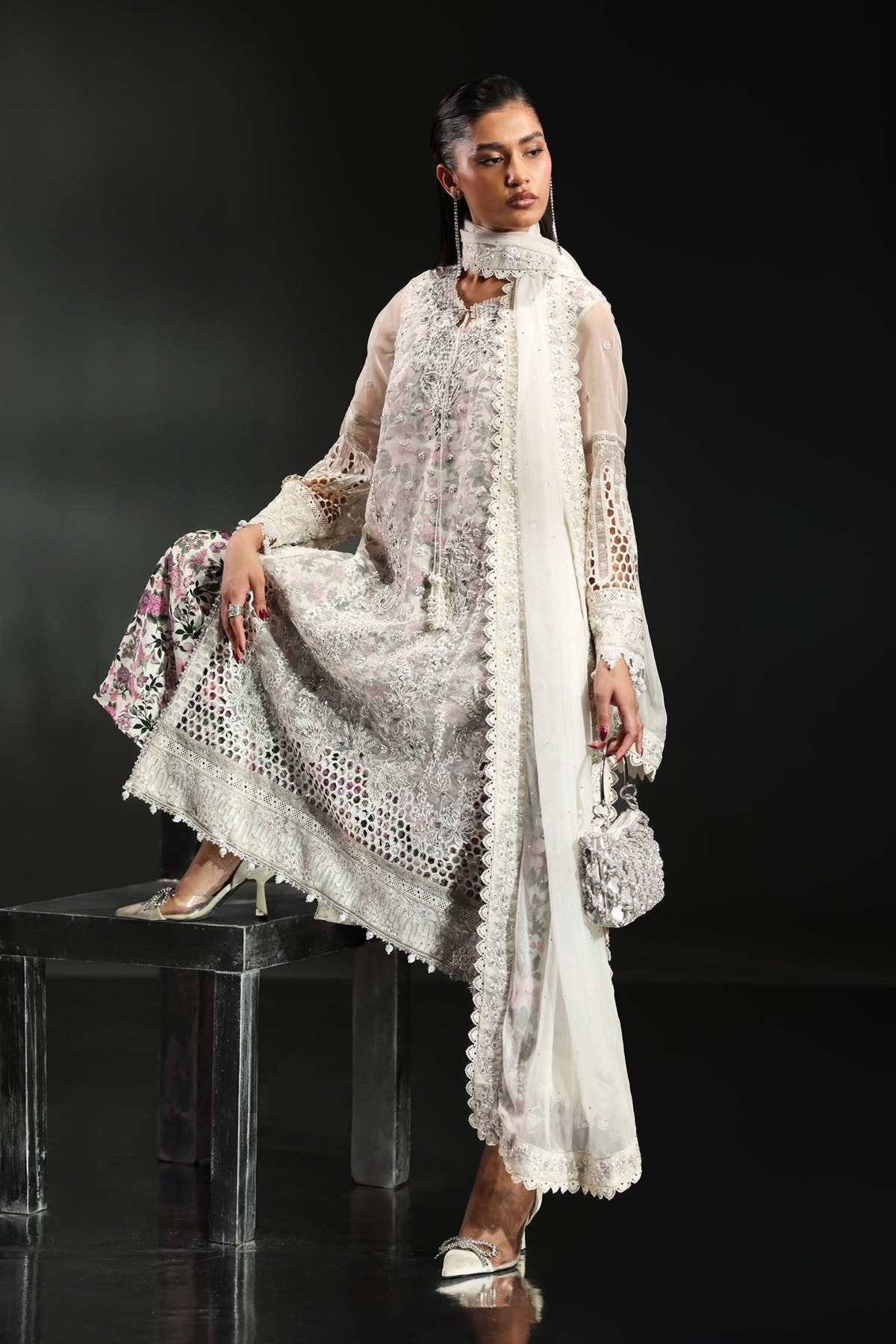 Maria B | RTW | 3 Piece Embroidered Organza Suit-Brand:Maria B-Type:Luxury Formals-White - House of Maryam- Buy in UK, USA
