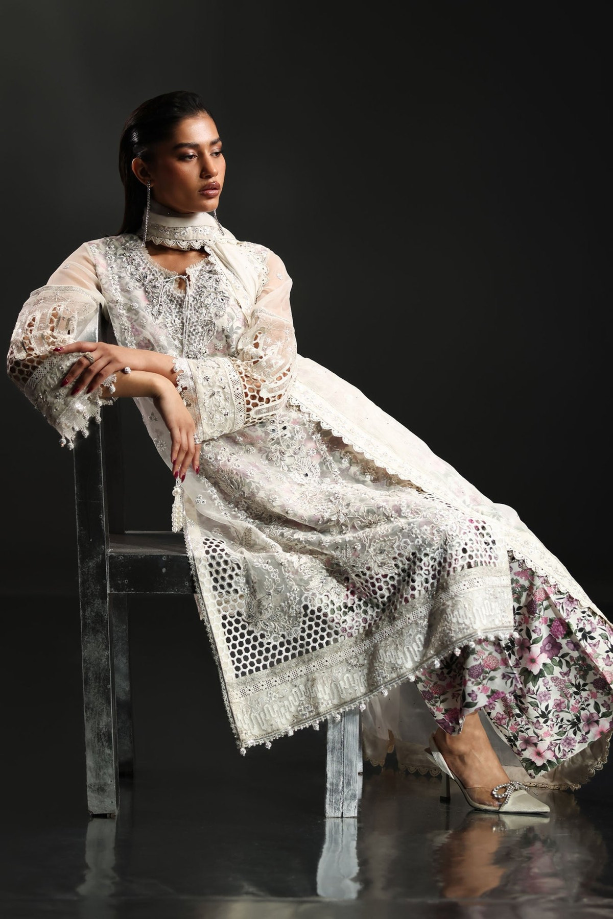 Maria B | RTW | 3 Piece Embroidered Organza Suit-Brand:Maria B-Type:Luxury Formals-White - House of Maryam- Buy in UK, USA