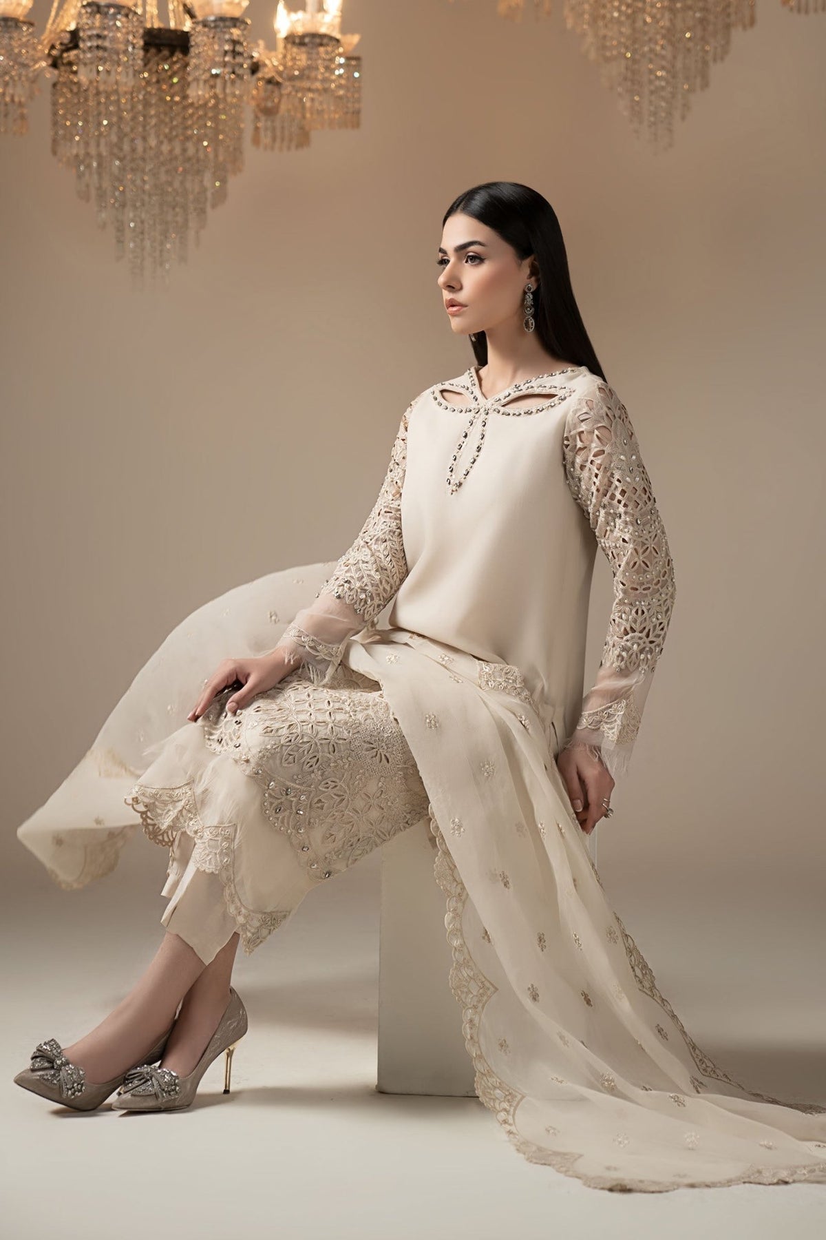 Maria B | RTW | 3 Piece Embroidered Organza Suit-Brand:Maria B-Type:Luxury Formals-White - House of Maryam- Buy in UK, USA