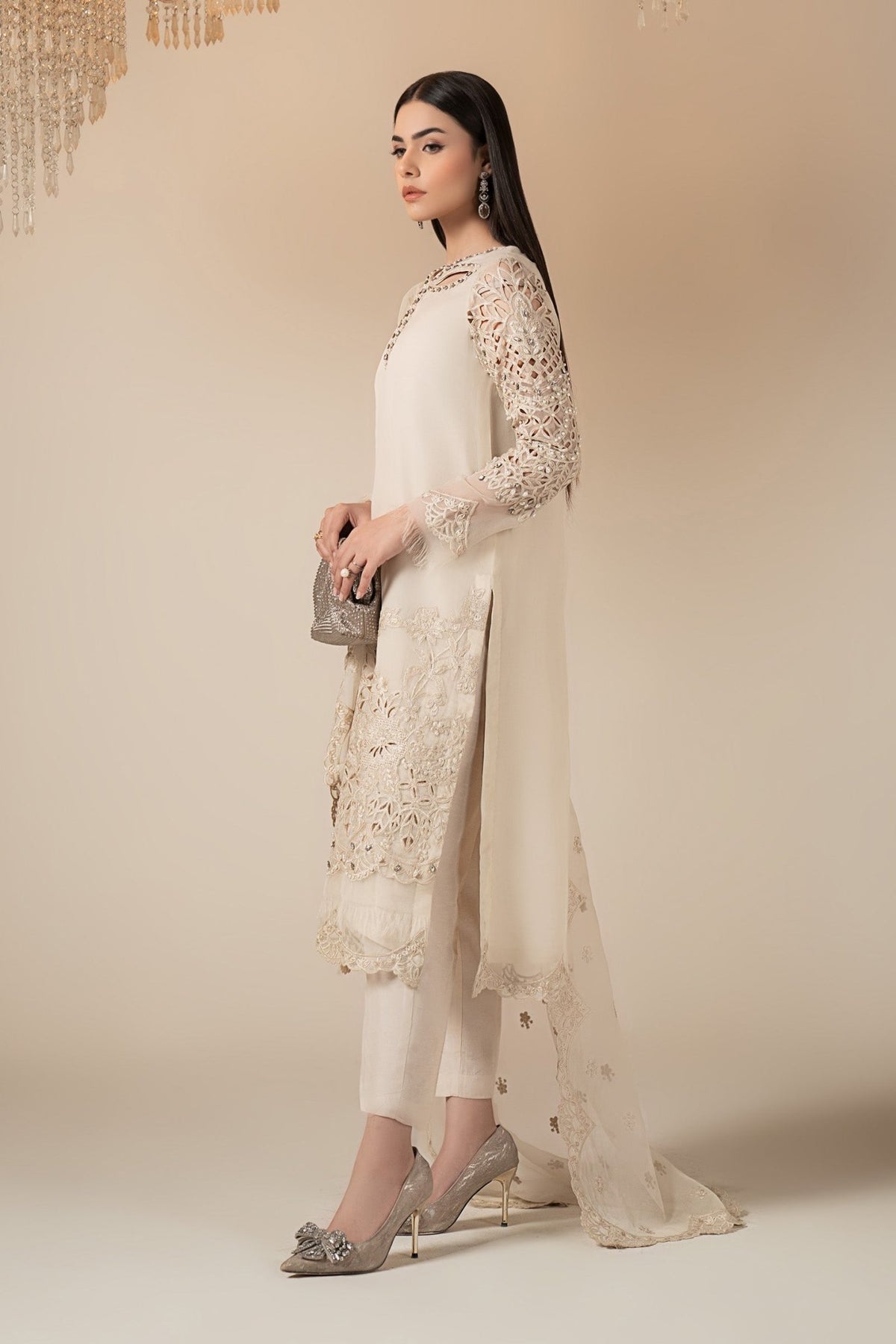 Maria B | RTW | 3 Piece Embroidered Organza Suit-Brand:Maria B-Type:Luxury Formals-White - House of Maryam- Buy in UK, USA