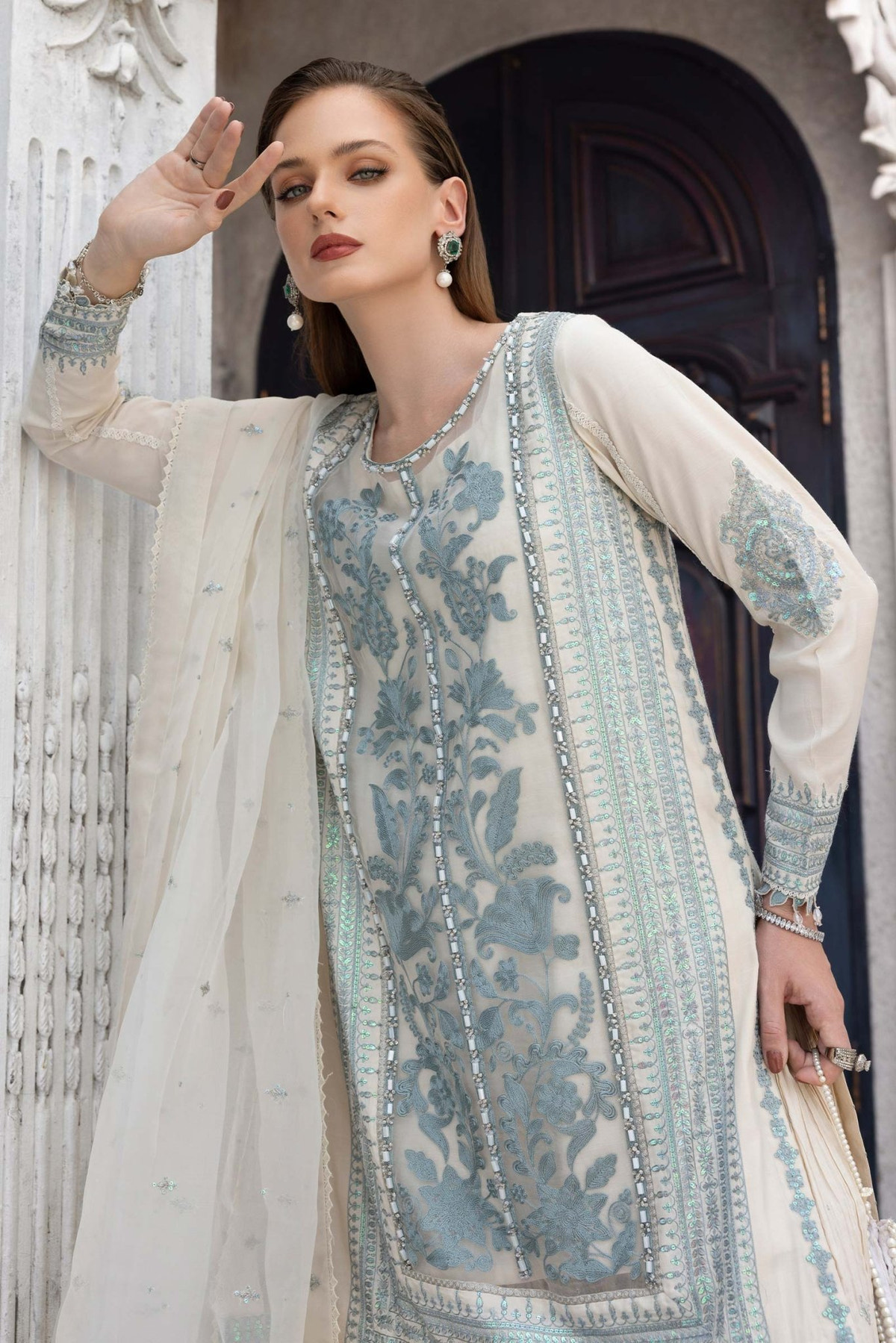 Maria B | RTW | 3 Piece Embroidered Organza Suit-Brand:Maria B-Type:Luxury Formals-White - House of Maryam- Buy in UK, USA