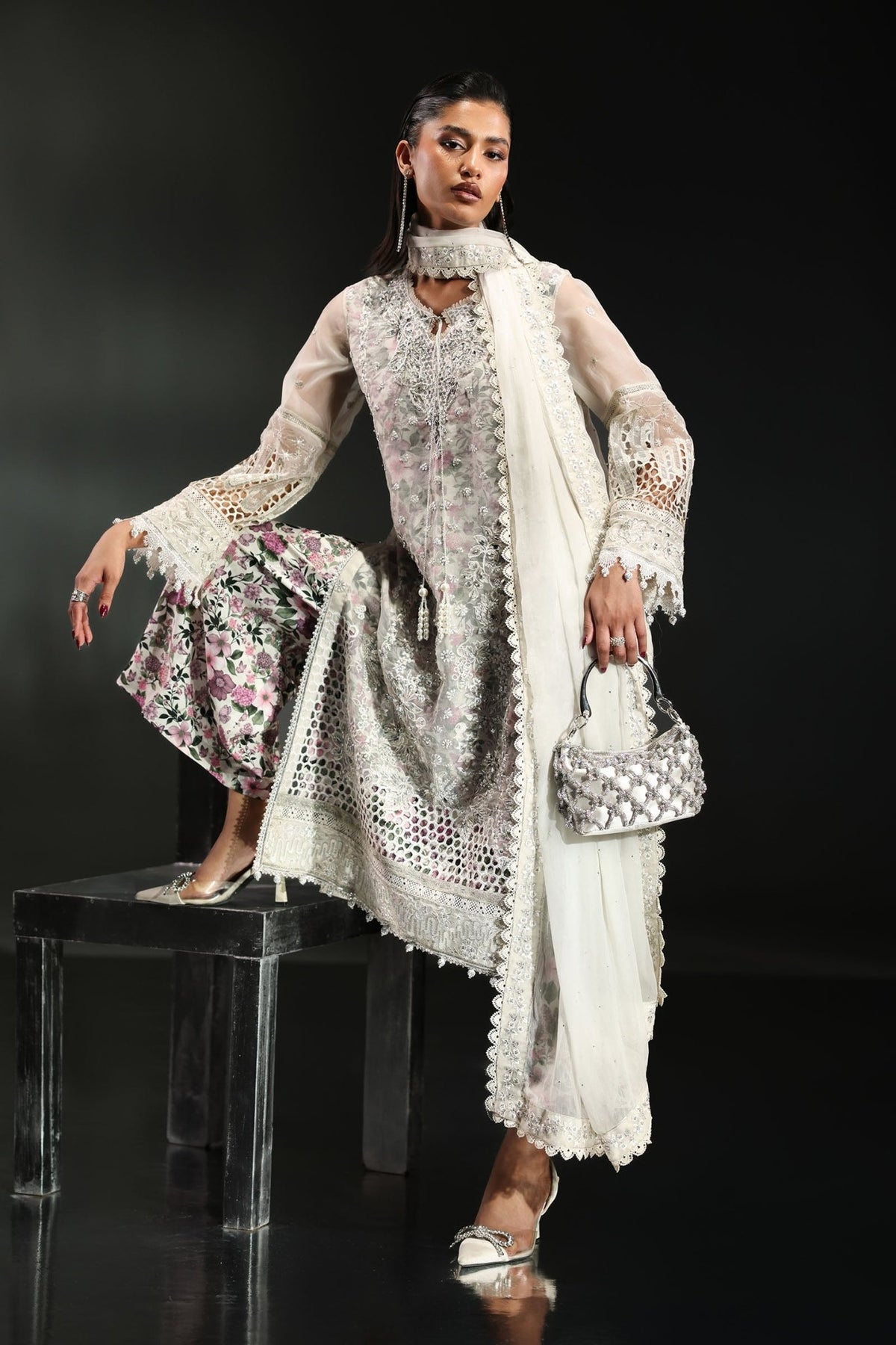 Maria B | RTW | 3 Piece Embroidered Organza Suit-Brand:Maria B-Type:Luxury Formals-White - House of Maryam- Buy in UK, USA