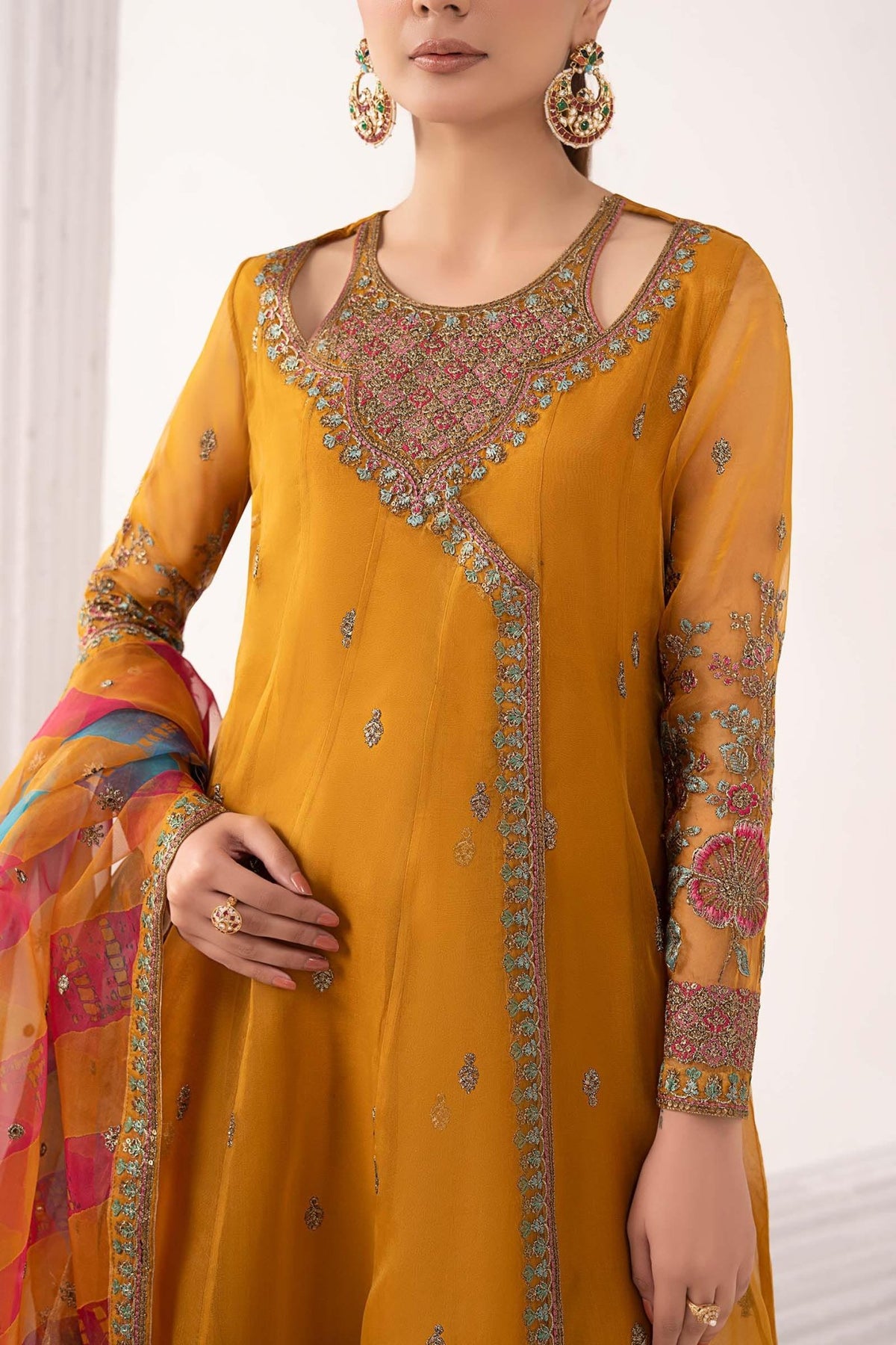Maria B | RTW | 3 Piece Embroidered Organza Suit-Brand:Maria B-Type:Luxury Formals-Yellow - House of Maryam- Buy in UK, USA