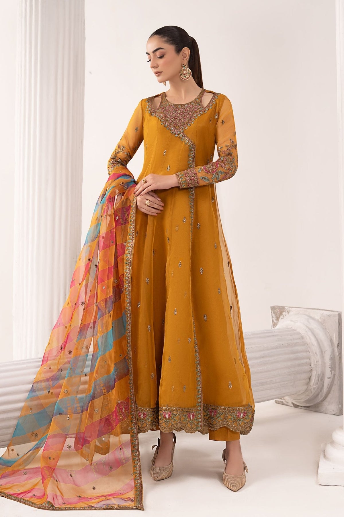 Maria B | RTW | 3 Piece Embroidered Organza Suit-Brand:Maria B-Type:Luxury Formals-Yellow - House of Maryam- Buy in UK, USA