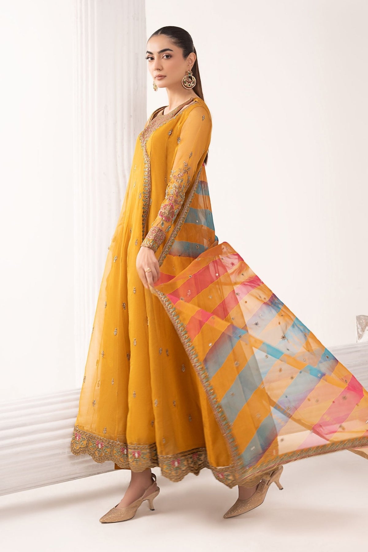Maria B | RTW | 3 Piece Embroidered Organza Suit-Brand:Maria B-Type:Luxury Formals-Yellow - House of Maryam- Buy in UK, USA