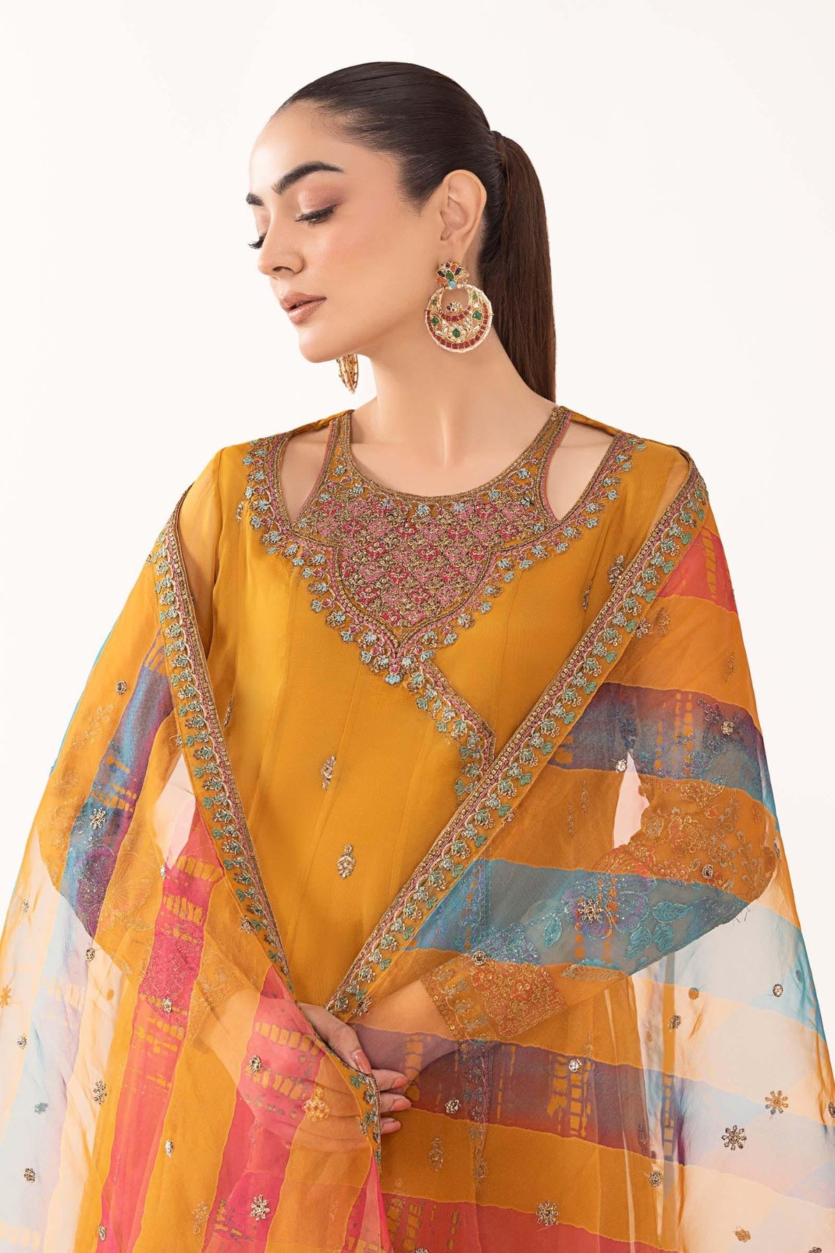 Maria B | RTW | 3 Piece Embroidered Organza Suit-Brand:Maria B-Type:Luxury Formals-Yellow - House of Maryam- Buy in UK, USA