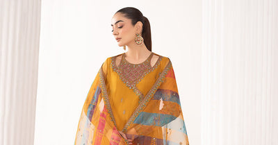 Maria B | RTW | 3 Piece Embroidered Organza Suit-Brand:Maria B-Type:Luxury Formals-Yellow - House of Maryam- Buy in UK, USA