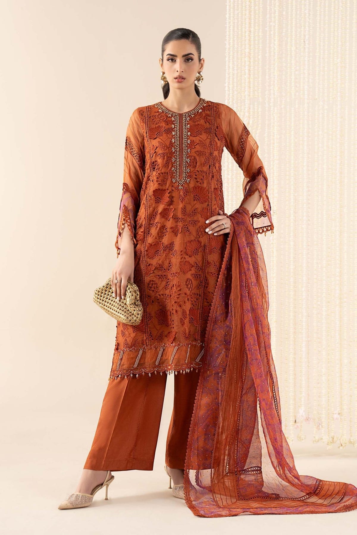 Maria B | RTW | 3 Piece Embroidered Organza Suit-Brand:Maria B-Type:Luxury Formals-Yellow - House of Maryam- Buy in UK, USA