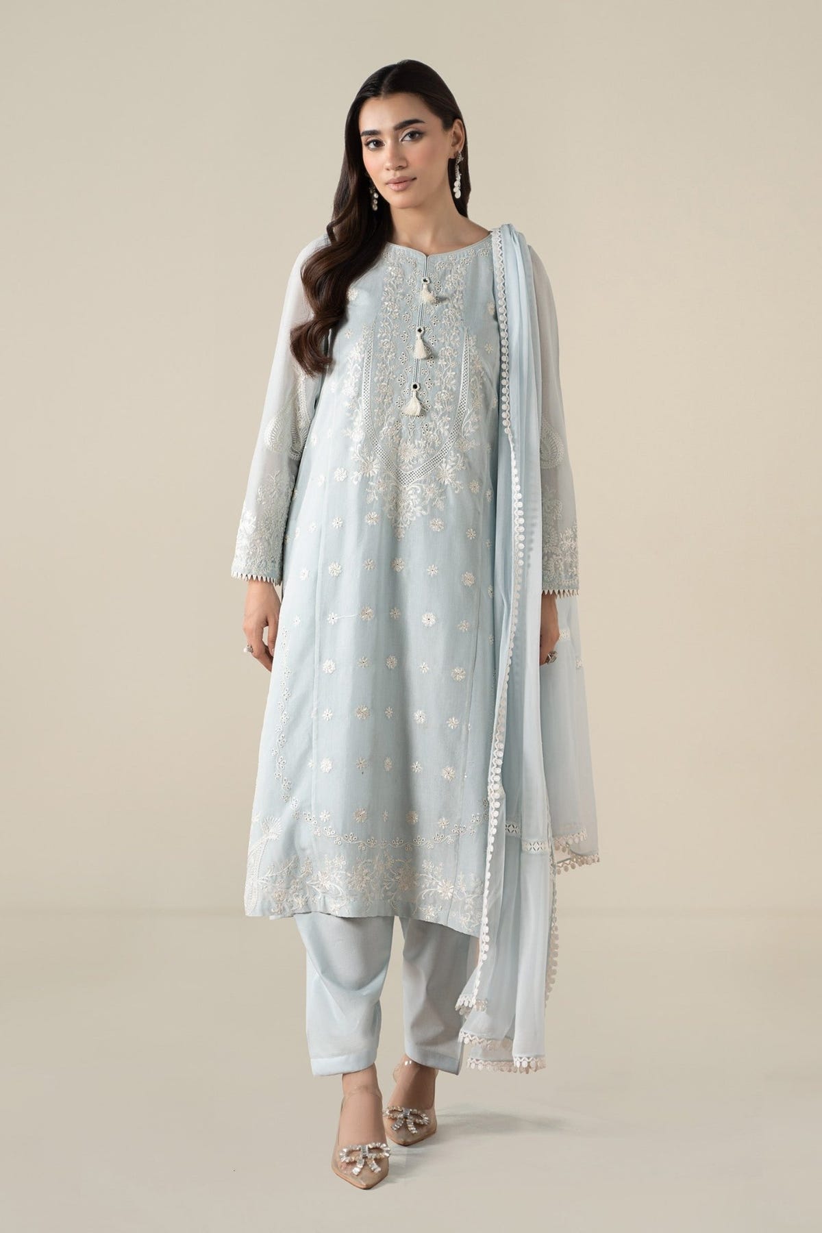 Maria B | RTW | 3 Piece Embroidered Paper Cotton Suit-Brand:Maria B-Type:Luxury Pret-Blue - House of Maryam- Buy in UK, USA