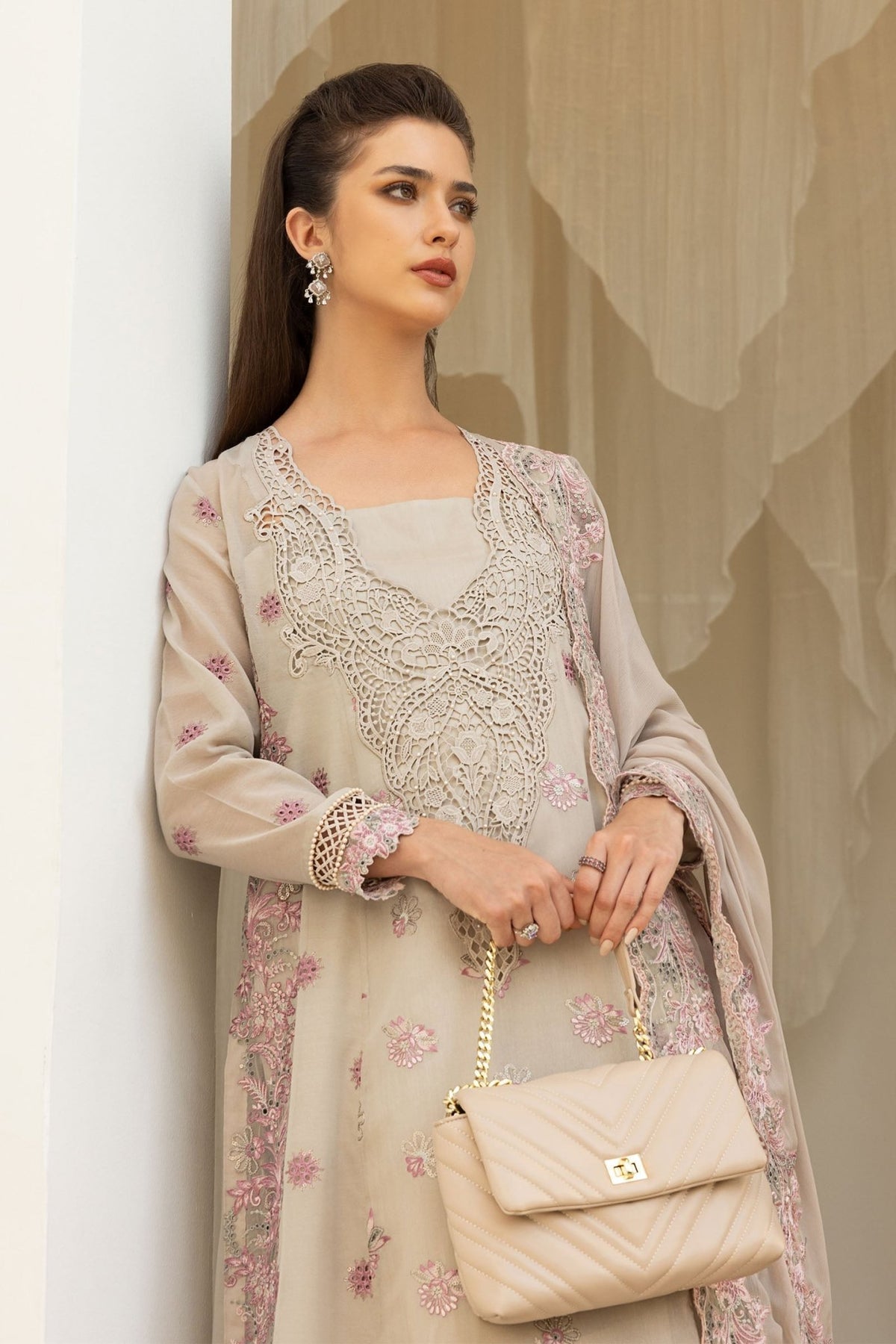 Maria B | RTW | 3 Piece Embroidered Paper Cotton Suit-Brand:Maria B-Type:Luxury Pret-Brown - House of Maryam- Buy in UK, USA