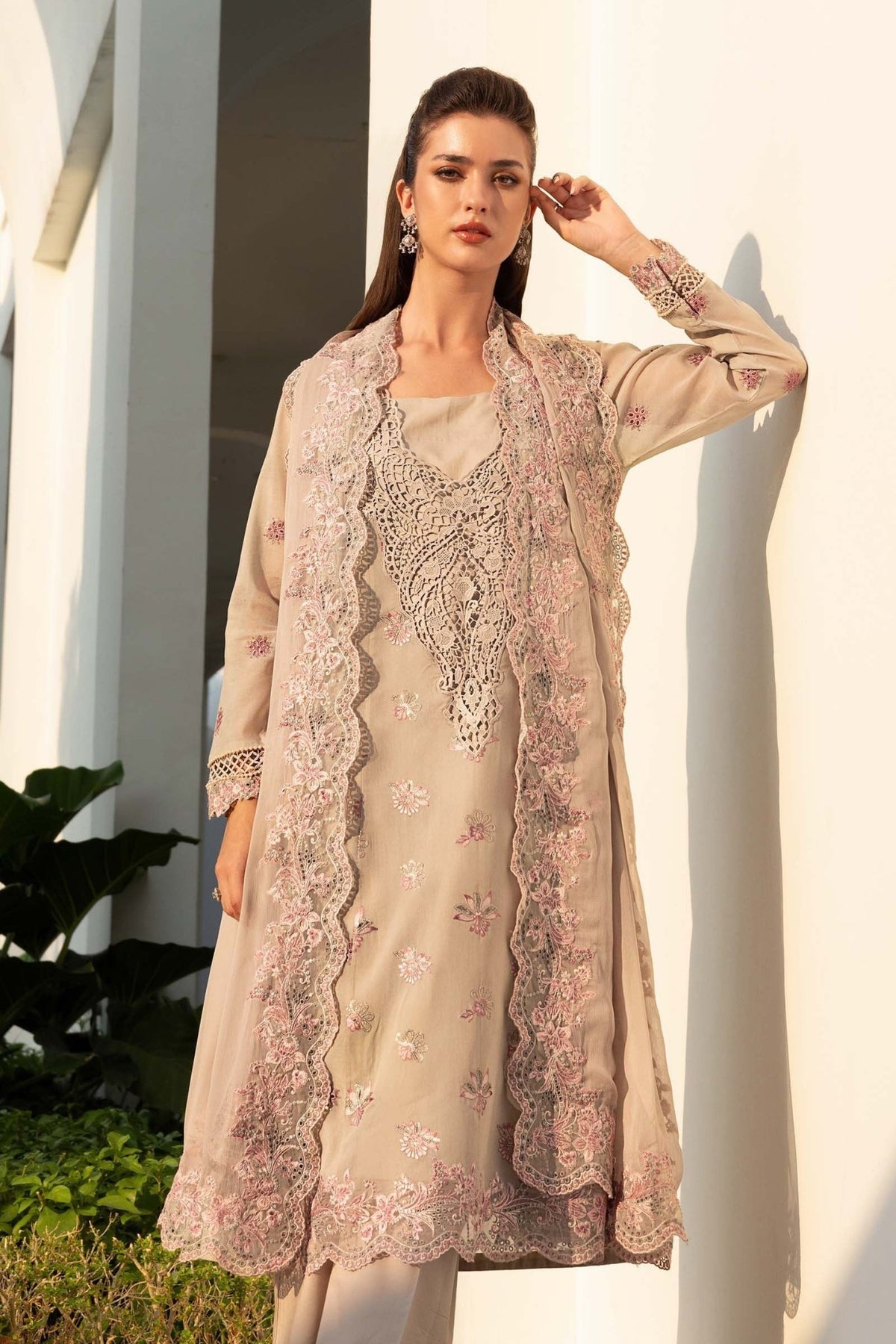 Maria B | RTW | 3 Piece Embroidered Paper Cotton Suit-Brand:Maria B-Type:Luxury Pret-Brown - House of Maryam- Buy in UK, USA
