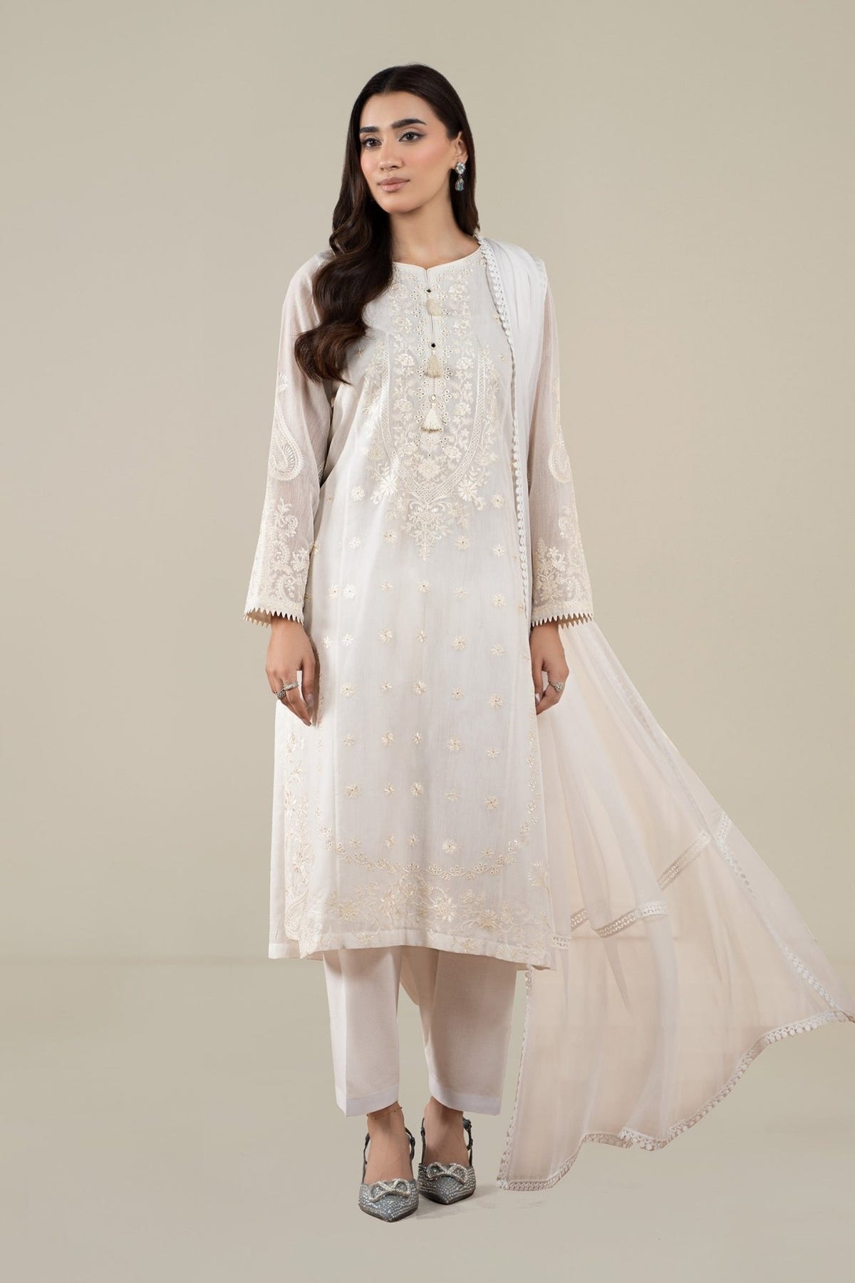 Maria B | RTW | 3 Piece Embroidered Paper Cotton Suit-Brand:Maria B-Type:Luxury Pret-White - House of Maryam- Buy in UK, USA