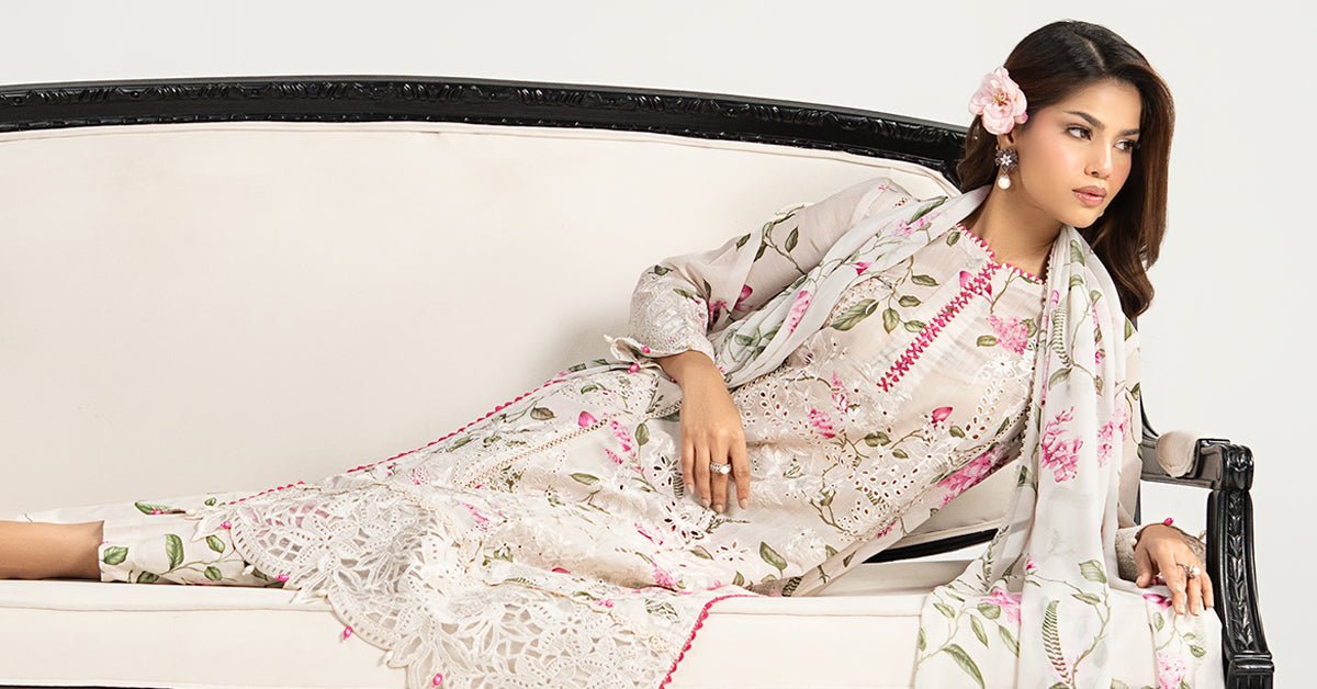 Maria B | RTW | 3 Piece Embroidered Paper Cotton Suit-Brand:Maria B-Type:Luxury Pret-White - House of Maryam- Buy in UK, USA