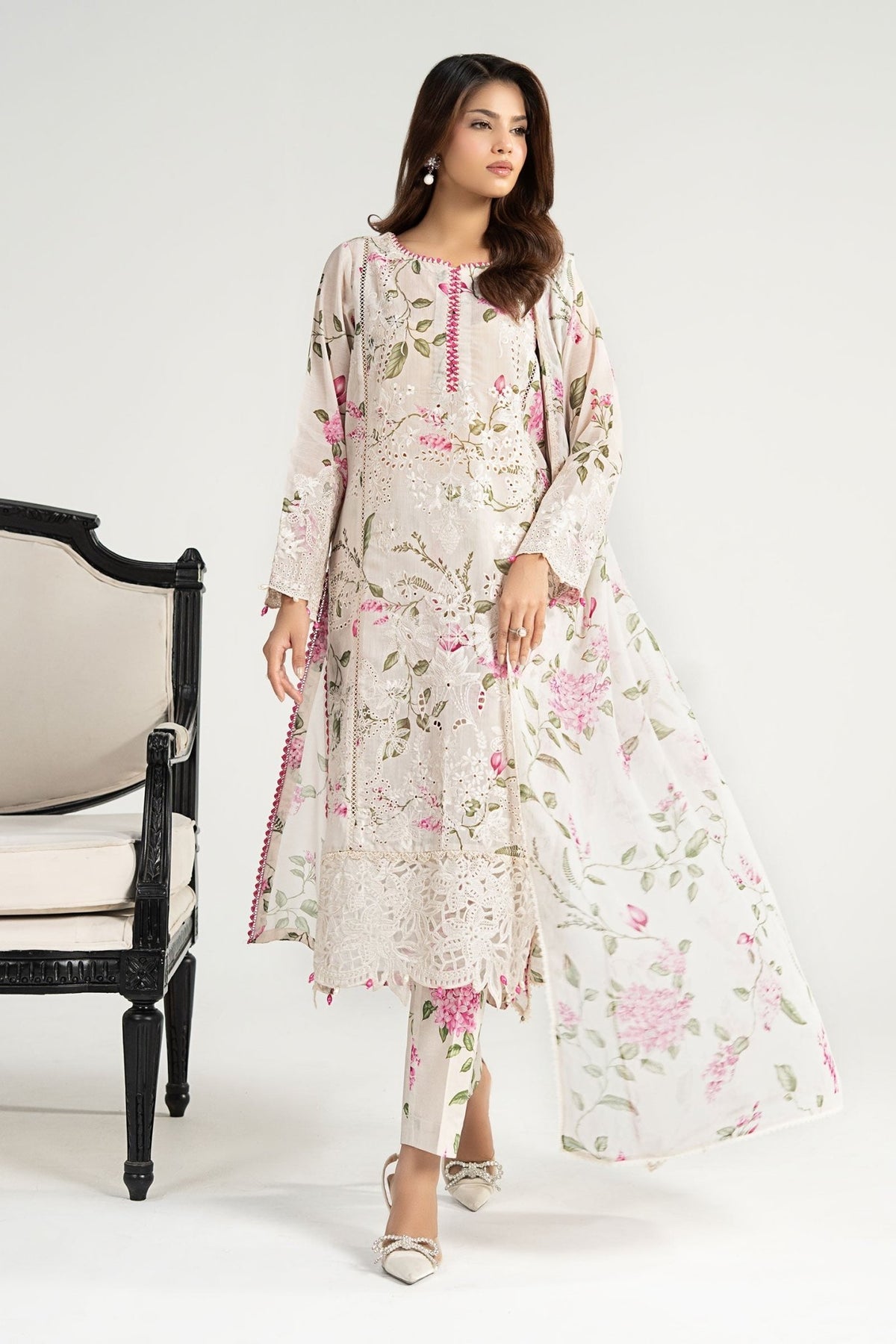 Maria B | RTW | 3 Piece Embroidered Paper Cotton Suit-Brand:Maria B-Type:Luxury Pret-White - House of Maryam- Buy in UK, USA