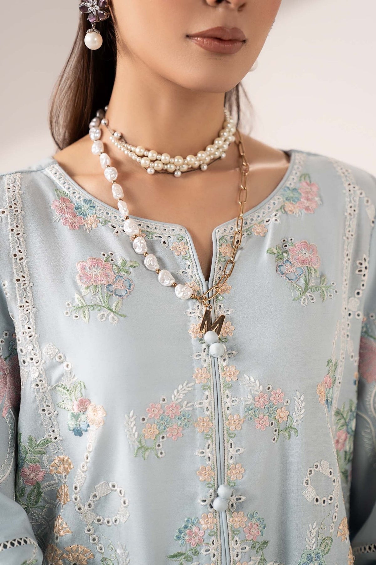 Maria B | RTW | 3 Piece Embroidered Paper Silk Suit-Brand:Maria B-Type:Luxury Pret-Blue - House of Maryam- Buy in UK, USA