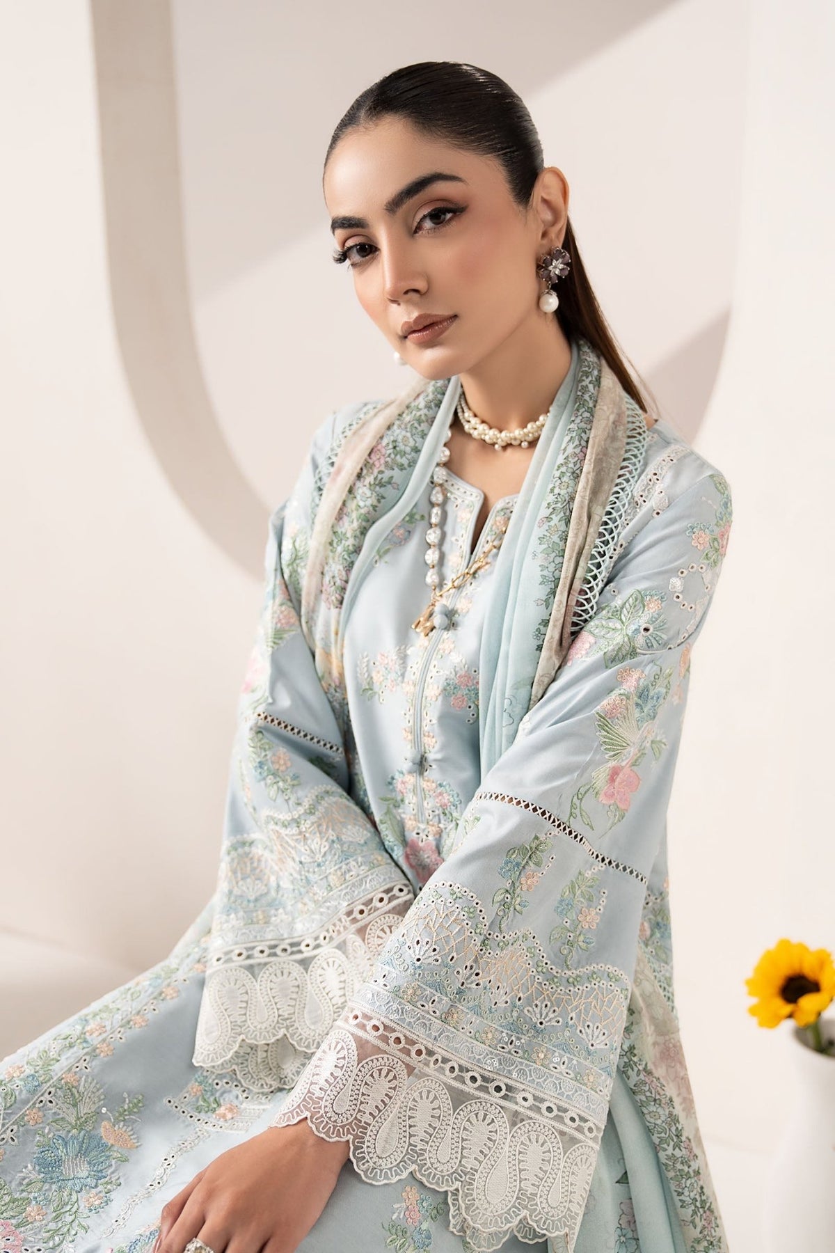 Maria B | RTW | 3 Piece Embroidered Paper Silk Suit-Brand:Maria B-Type:Luxury Pret-Blue - House of Maryam- Buy in UK, USA